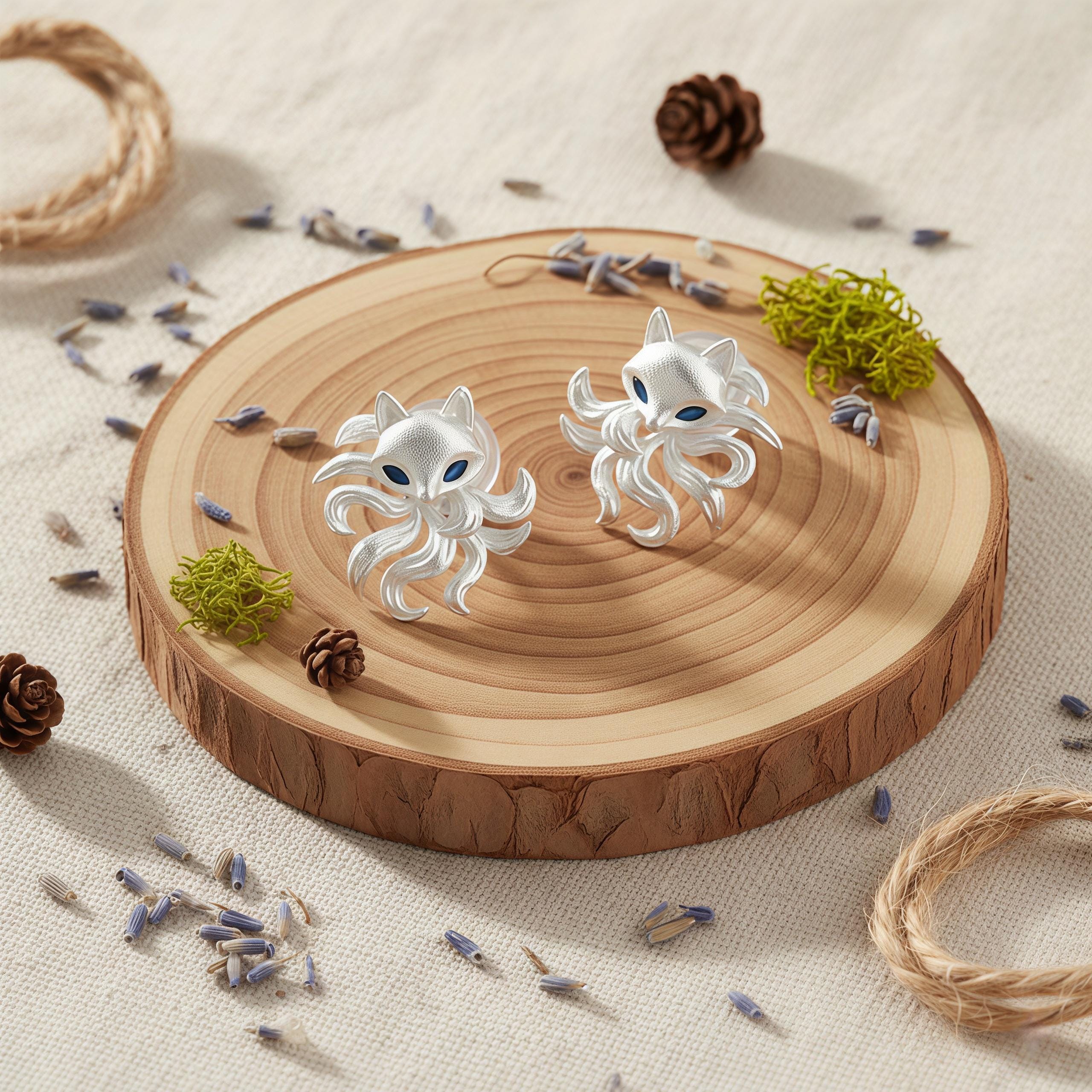 Matte Nine-Tailed Fox Stud Earrings – Silver Fox Earrings with Blue Zircon Eyes