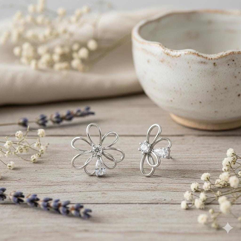 Petal Whisper Asymmetrical Flower Earrings – 18K Gold or Silver Plated with Zircon
