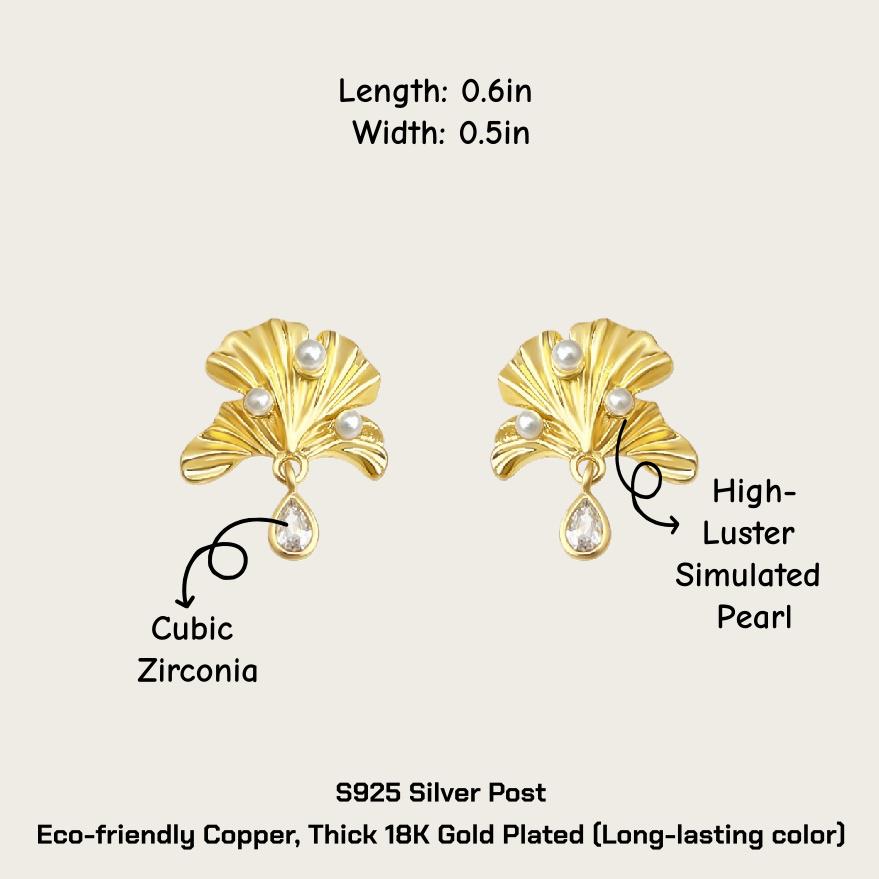 Ginkgo Leaf Pearl Earrings – 18K Gold Plated Nature-Inspired Earrings