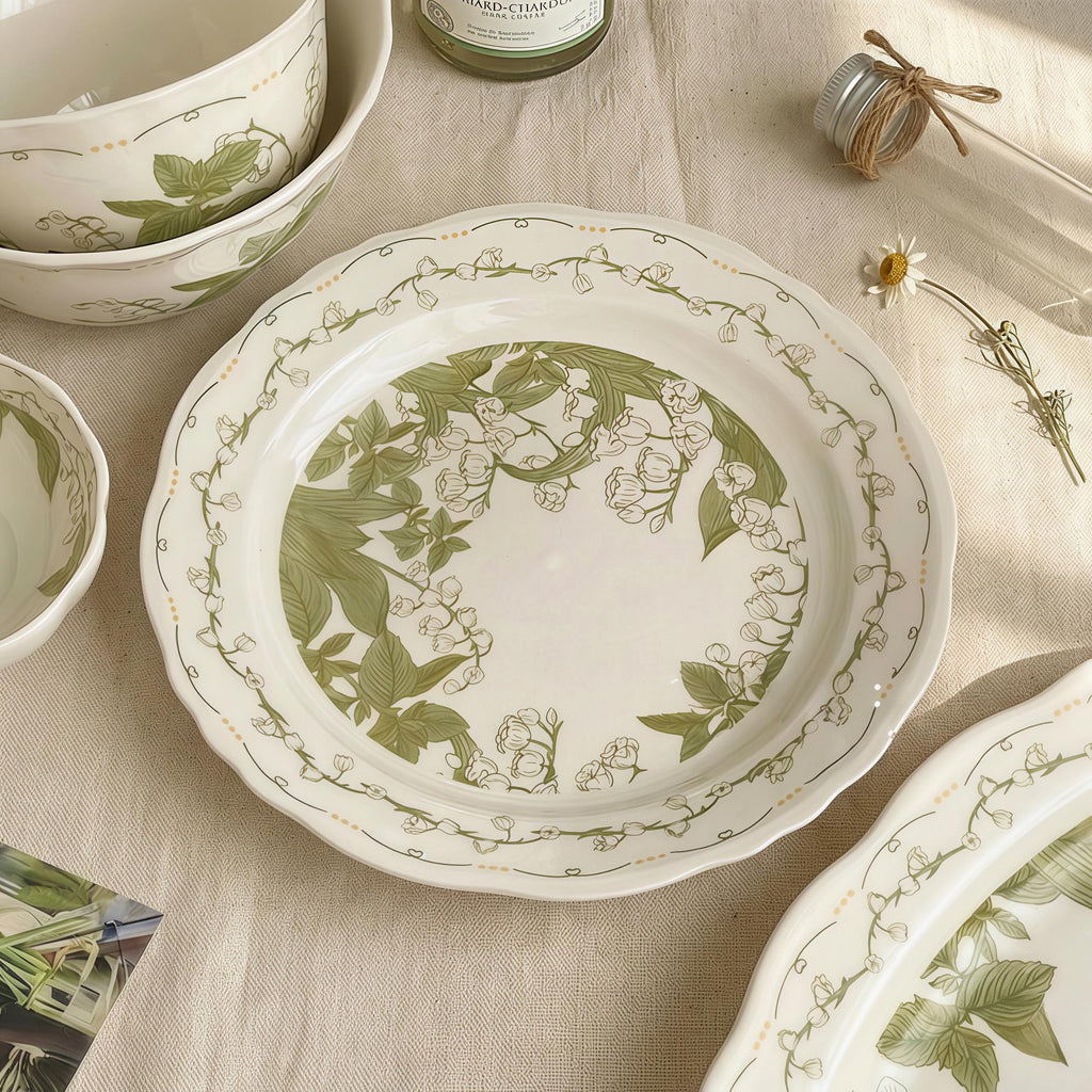 Lily of the Valley Ceramic Tableware Set | Vintage Botanical Plates & Bowls | Floral Dinnerware Set
