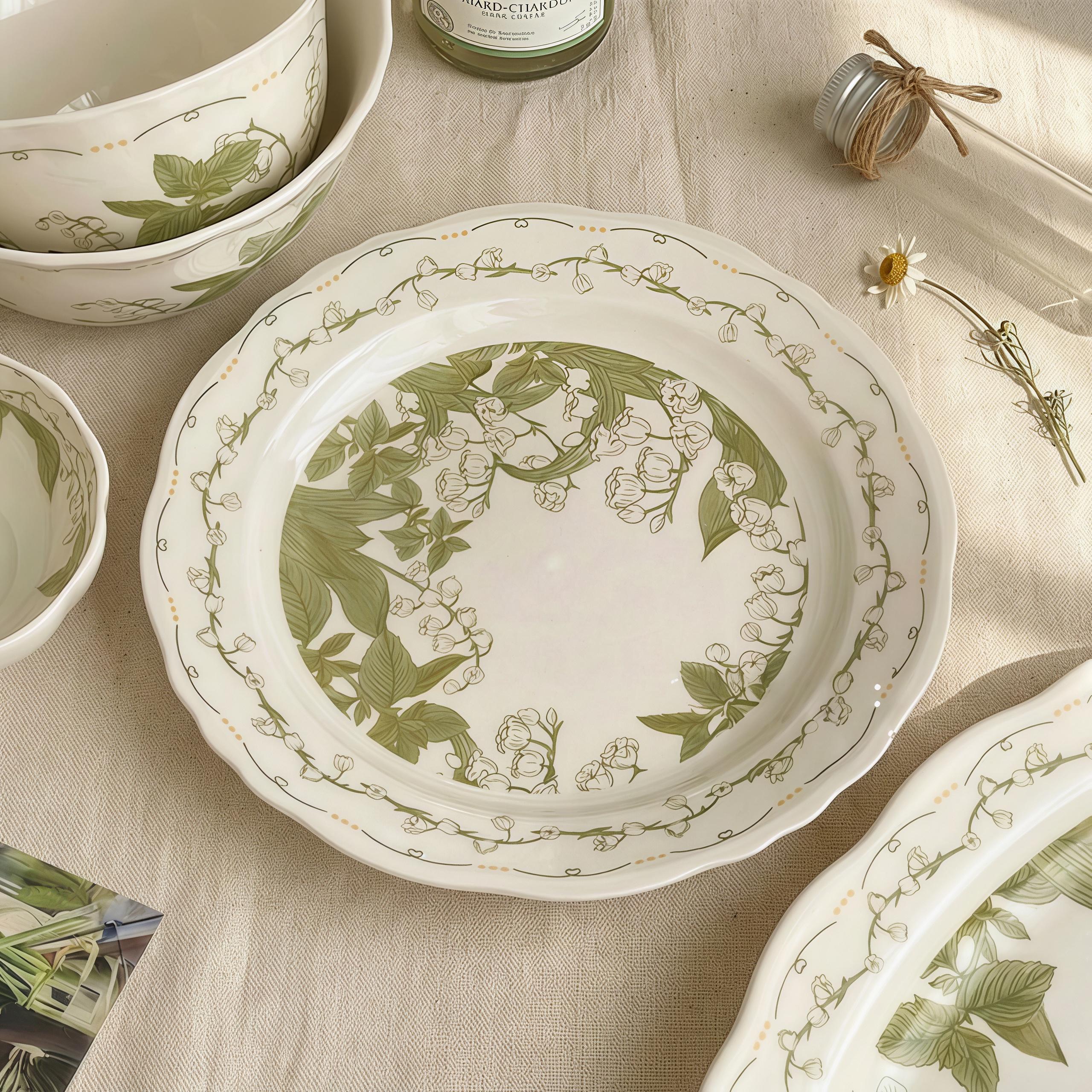 Lily of the Valley Ceramic Tableware Set | Vintage Botanical Plates & Bowls | Floral Dinnerware Set