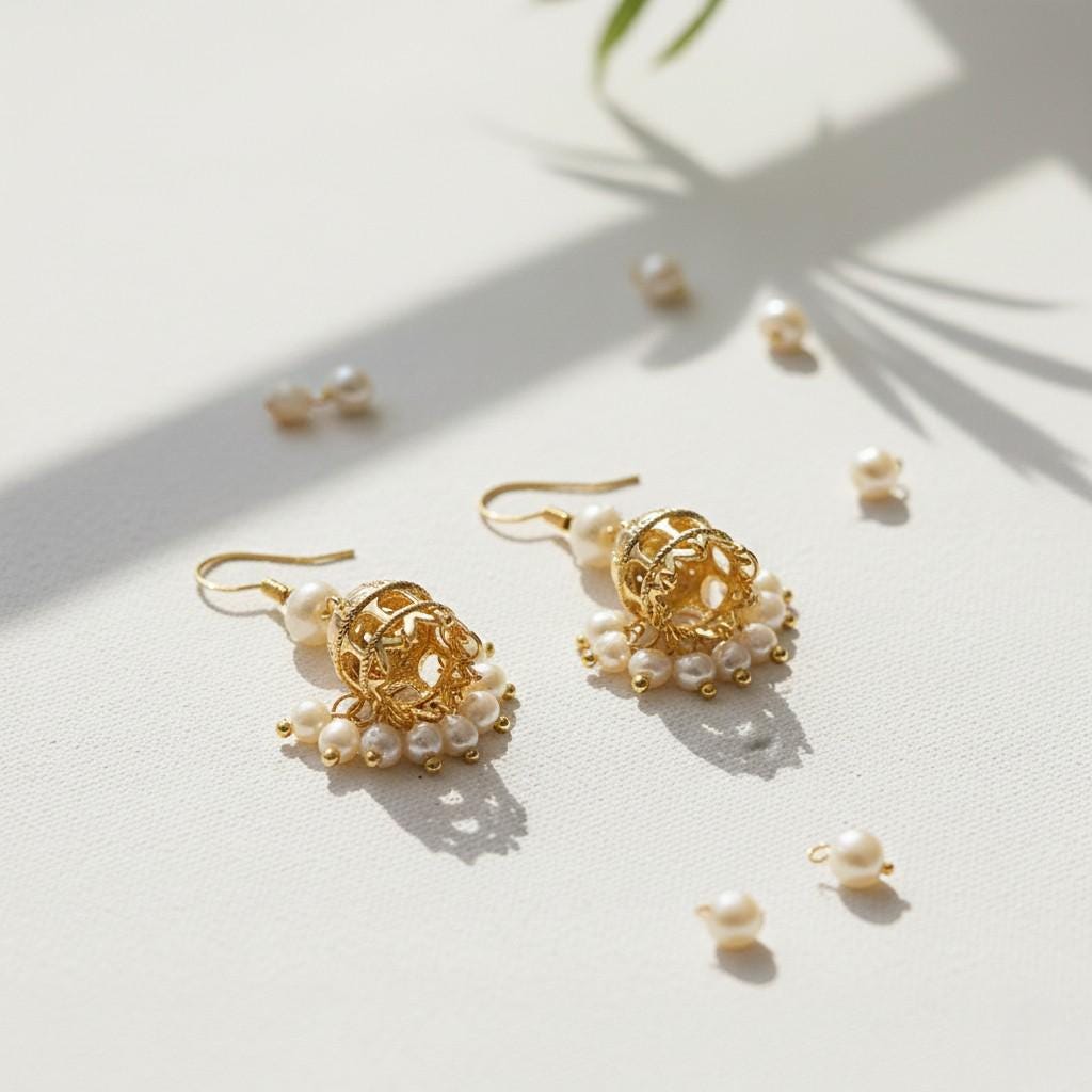 Gold Plated Cage Jhumka Earrings – Mughal Inspired Pearl Tassel Earrings