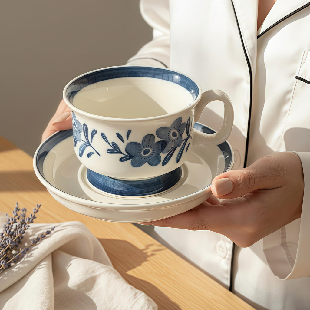 Blue Floral Ceramic Mug with Matching Coaster | Hand-Painted Folk Flower Cup Set