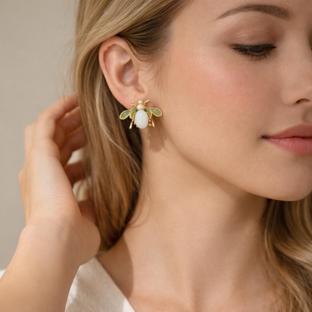 Vintage French Bee Enamel Earrings – Pink & Ivory Glass Statement Stud Earrings