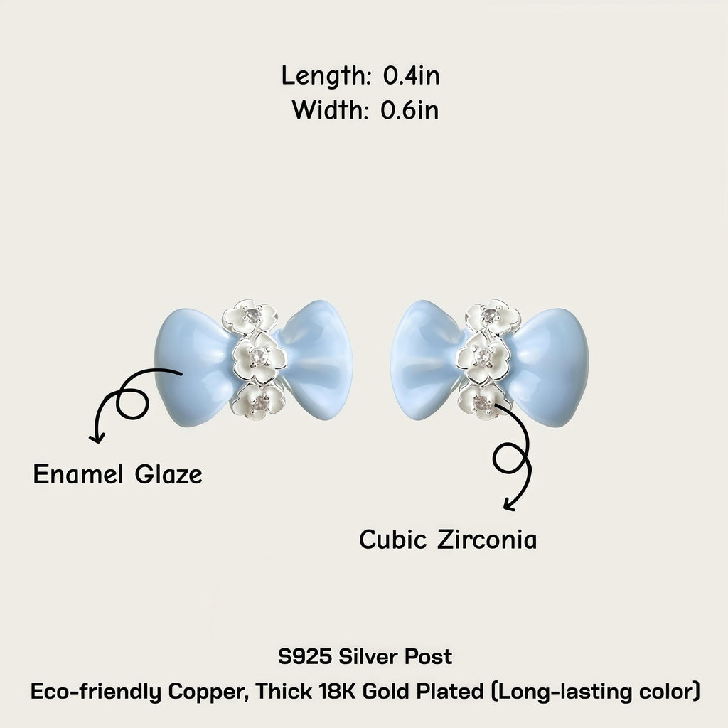 Blue Bow Flower Earrings – Enamel Zircon Studs & Clip On – 18K Gold Plated Ribbon Jewelry