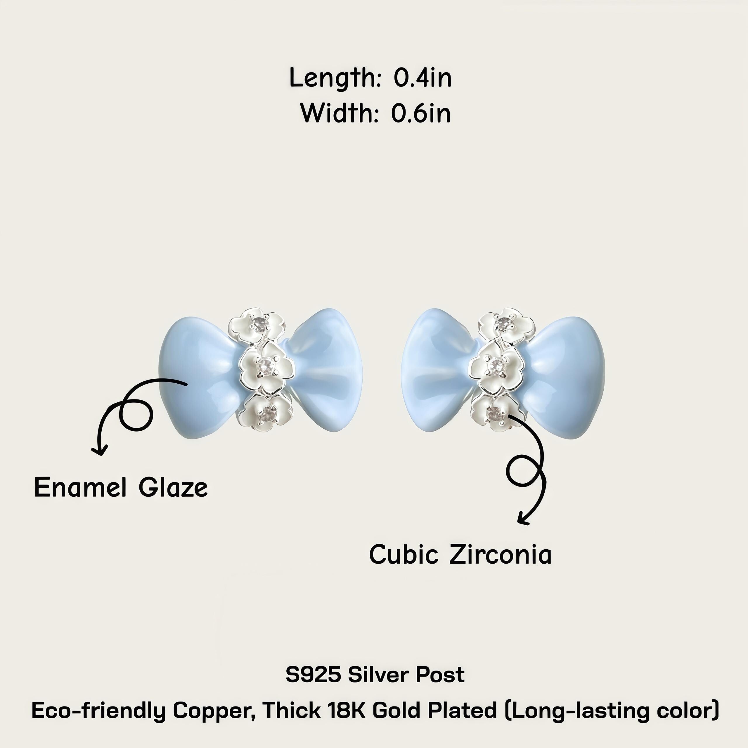 Blue Bow Flower Earrings – Enamel Zircon Studs & Clip On – 18K Gold Plated Ribbon Jewelry