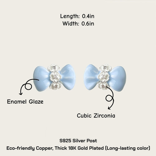 Blue Bow Flower Earrings – Enamel Zircon Studs & Clip On – 18K Gold Plated Ribbon Jewelry