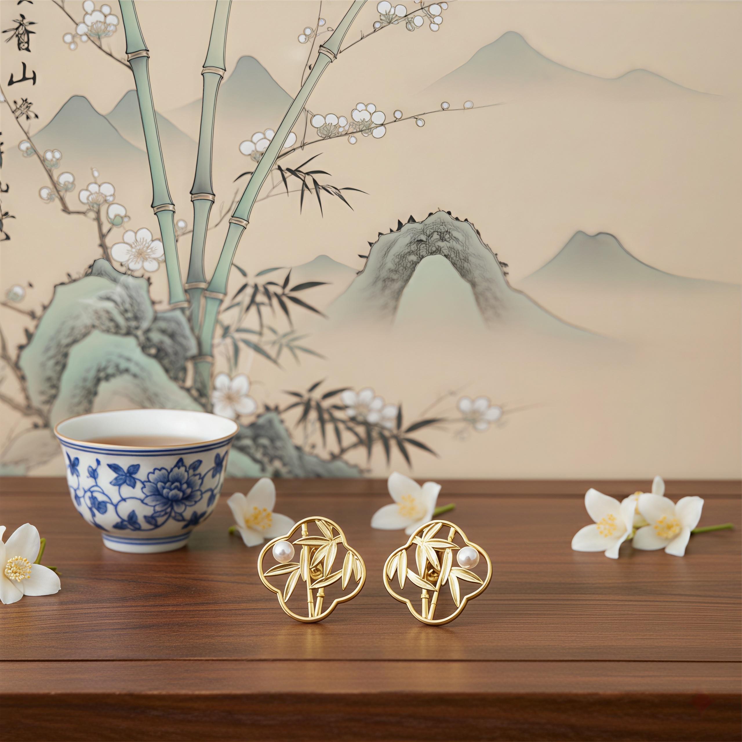 Oriental Bamboo Leaf Earrings – 18K Gold Plated Pearl Stud Earrings