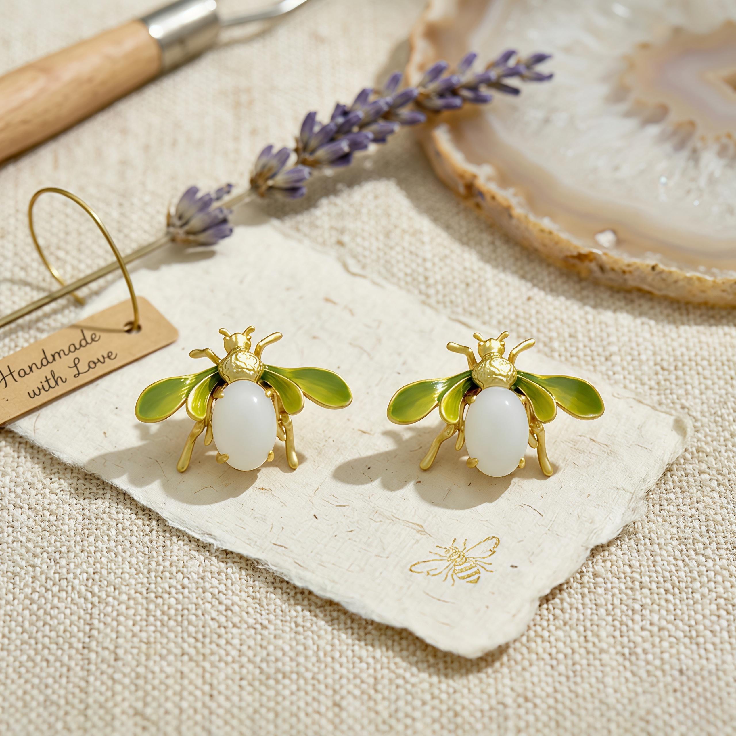 Vintage French Bee Enamel Earrings – Pink & Ivory Glass Statement Stud Earrings