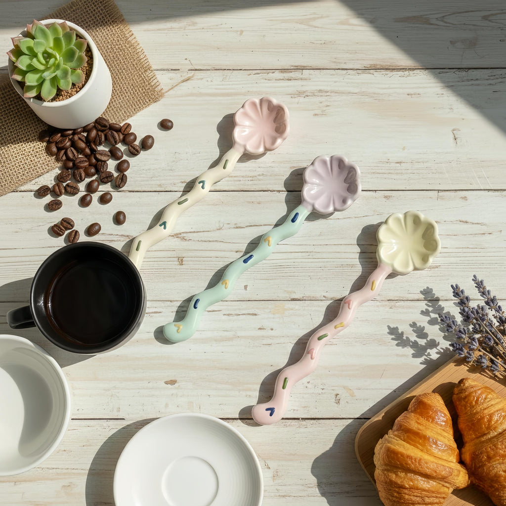 Whimsical Flower Ceramic Spoon | Pastel Dessert & Coffee Spoon
