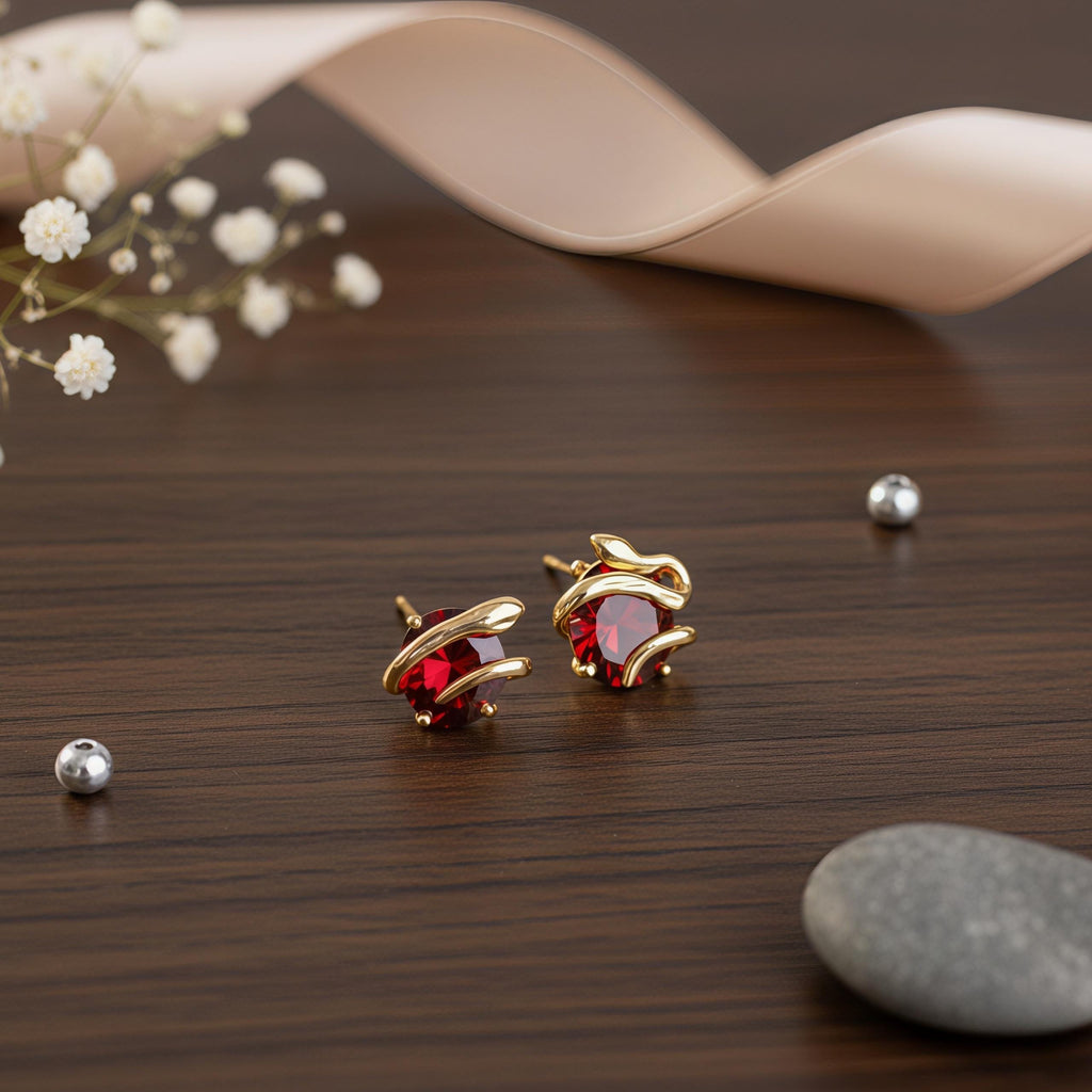 Vintage Snake Stud Earrings with Claret Red Zircon – 18K Gold Plated Serpent Jewelry