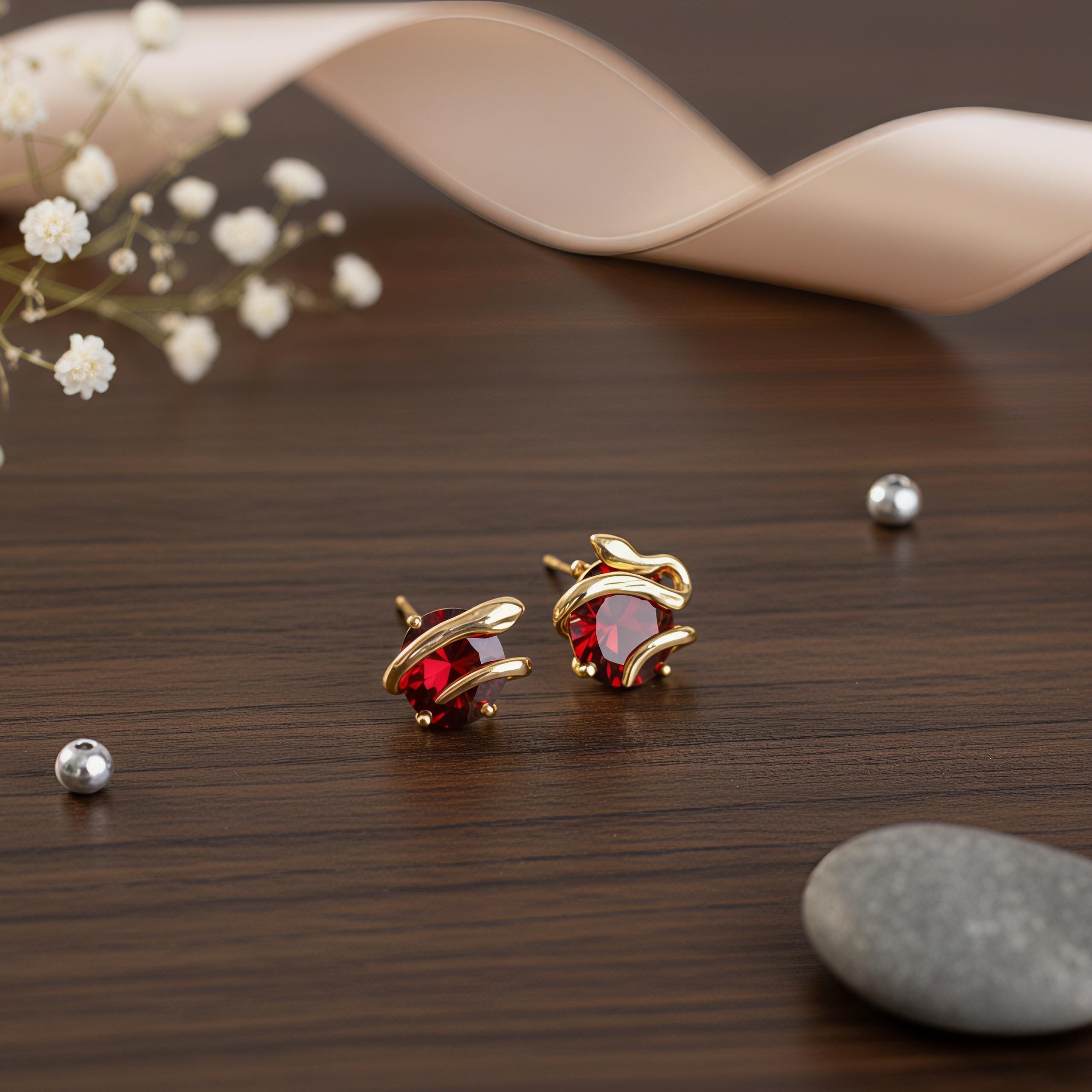 Vintage Snake Stud Earrings with Claret Red Zircon – 18K Gold Plated Serpent Jewelry