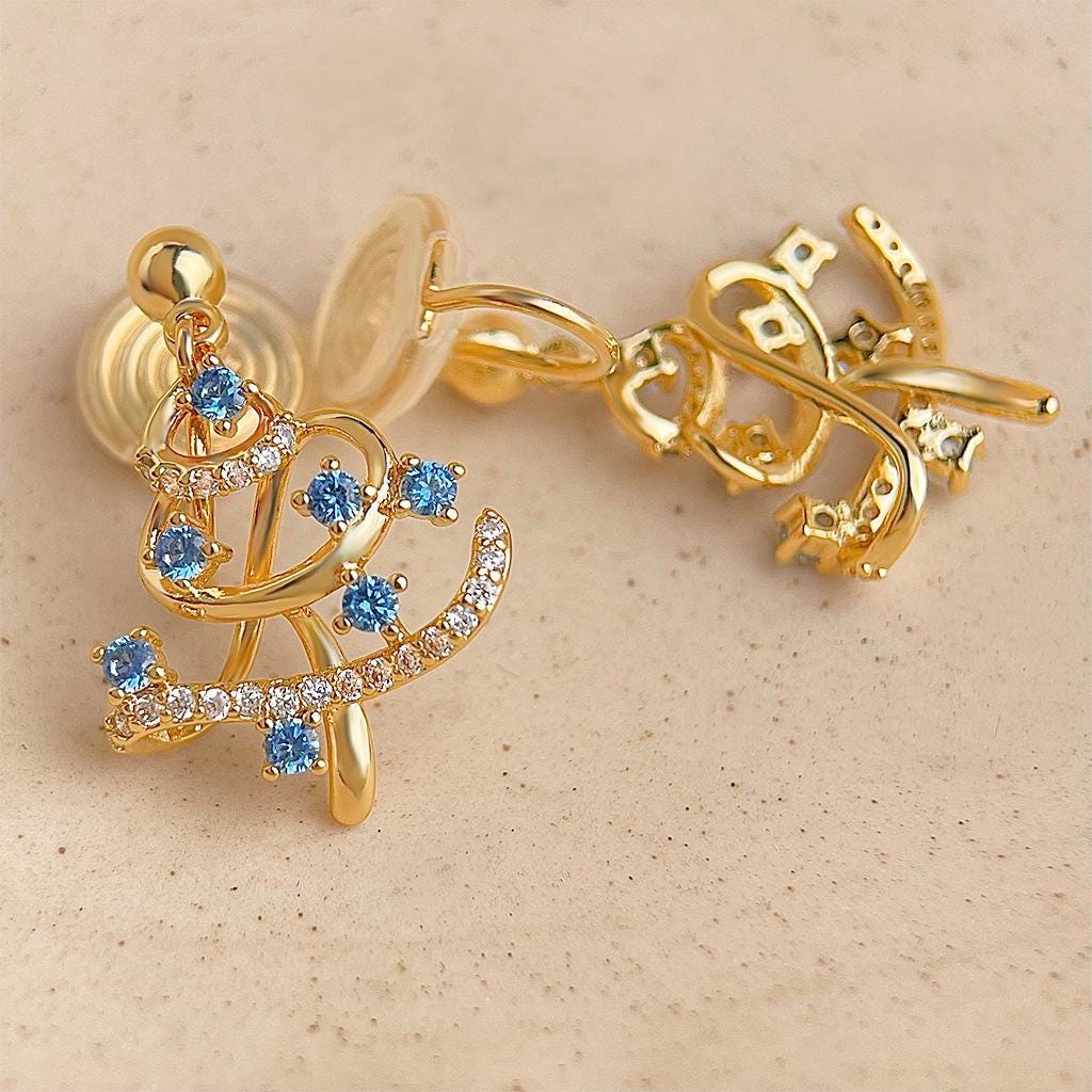 Christmas Tree Earrings – Gold Plated Holiday Earrings with Blue Zircon
