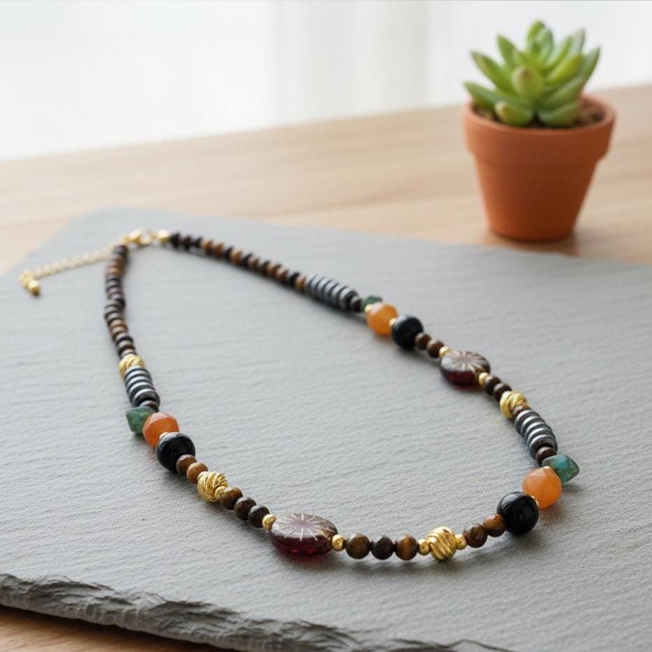 Tiger’s Eye & Black Agate Beaded Necklace – Handmade Gemstone Necklace