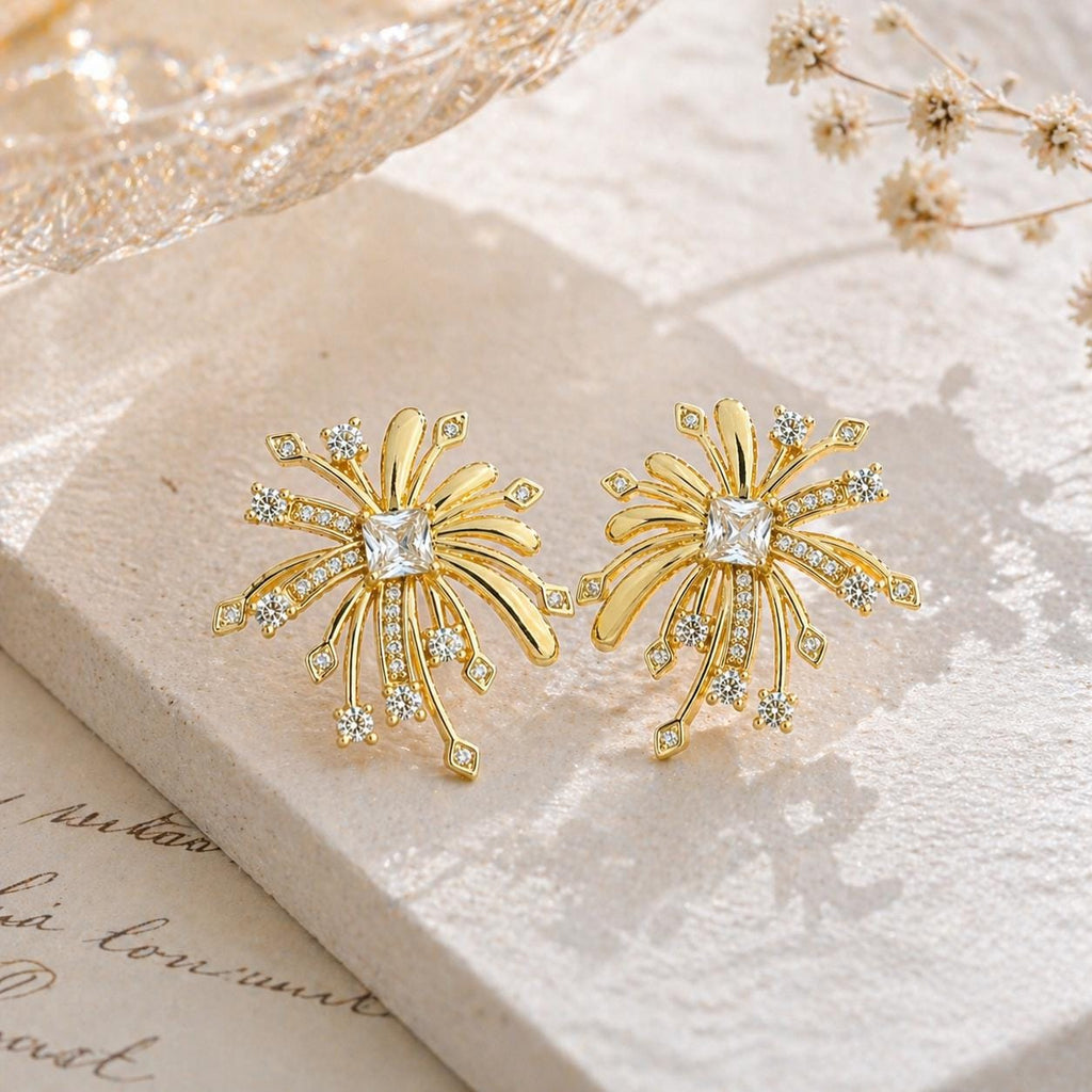 Gold Firework Stud Earrings – CZ Geometric Spark Burst Statement Earrings
