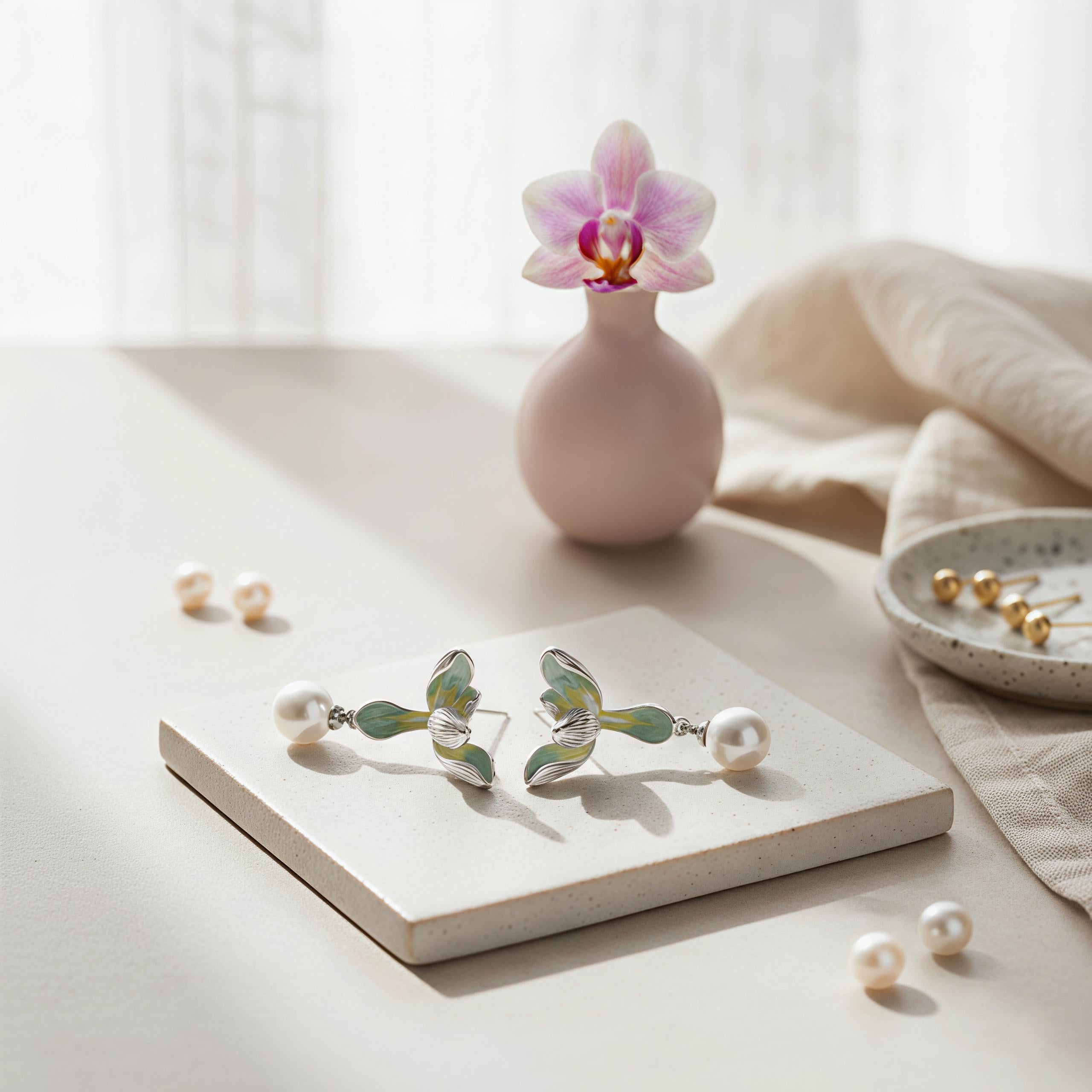 Gradient Green Orchid Dangle Earrings – Enamel Flower Earrings with Pearl Drops