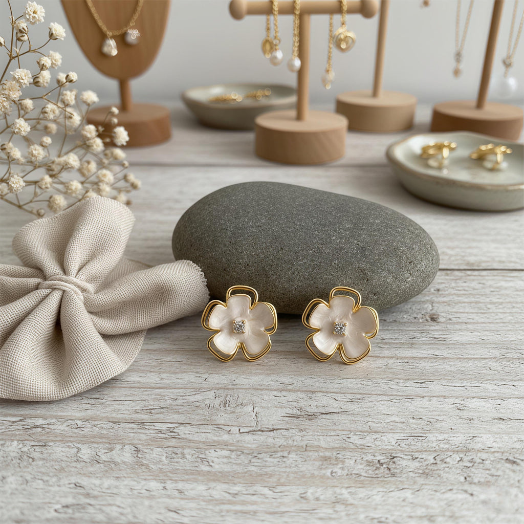 Elegant White Enamel Camellia Earrings – 18K Gold Plated Floral Studs with CZ