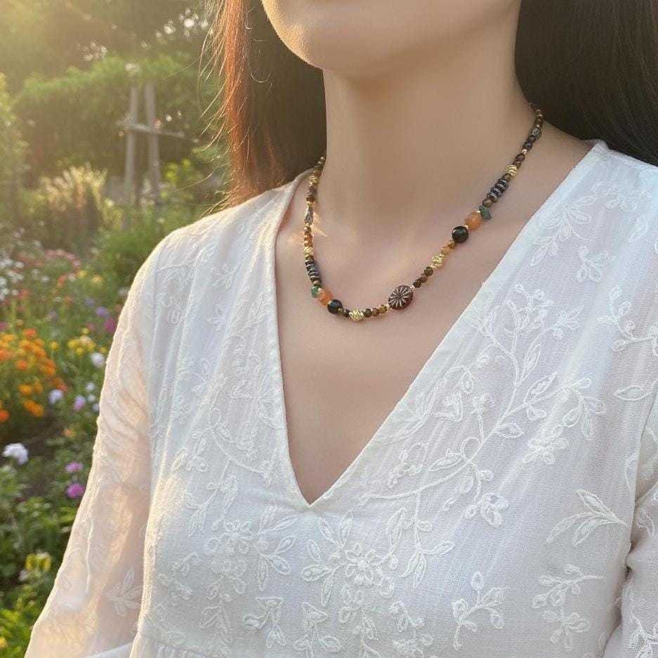 Tiger’s Eye & Black Agate Beaded Necklace – Handmade Gemstone Necklace