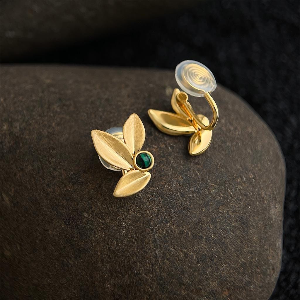 Sunlit Forest Gold Leaf Stud Earrings – 18K Gold Plated Leaf Earrings with Green Stone