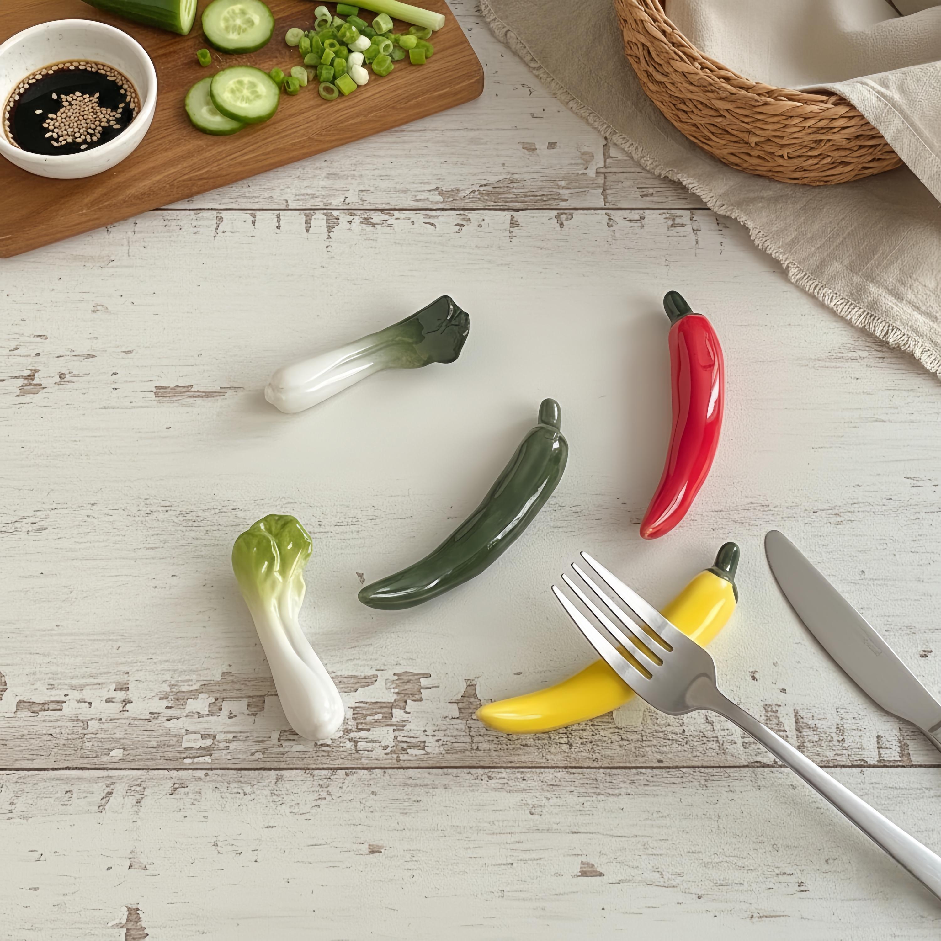 Kawaii Vegetable Ceramic Chopstick Rest | Chili & Bok Choy Spoon Holder