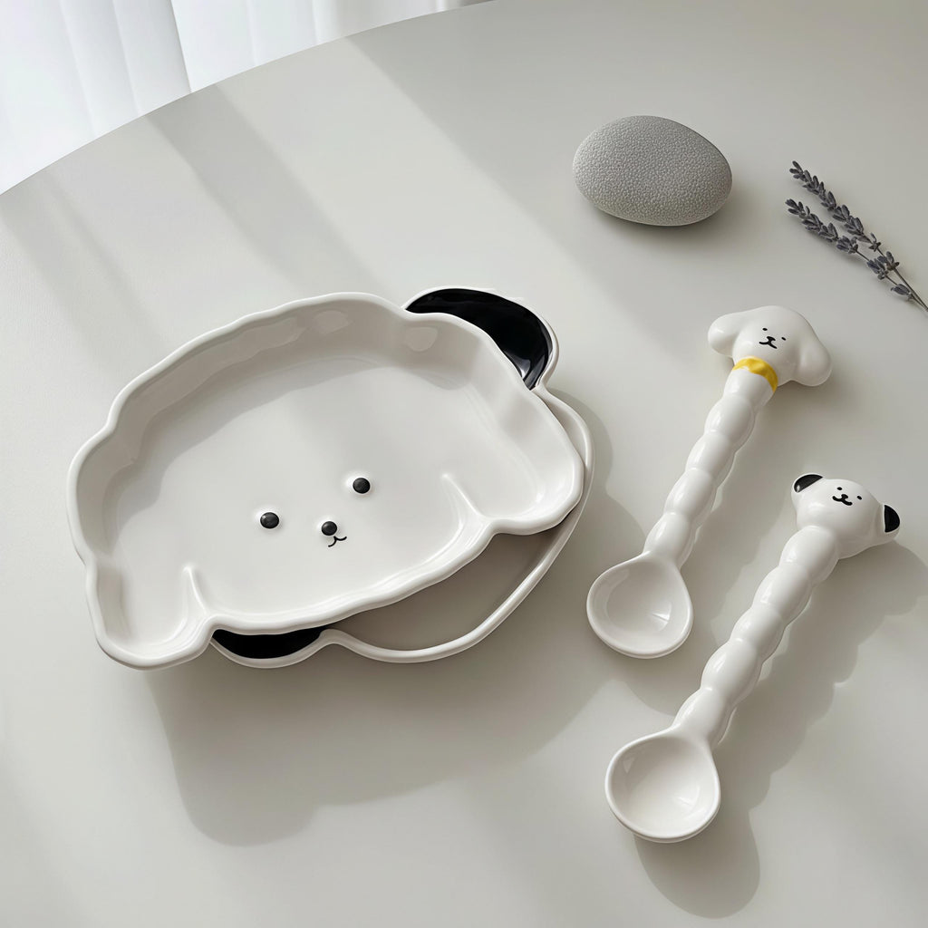Kawaii Dog Ceramic Tableware | Puppy Shaped Plate & Spoon | Dog Lover Gift