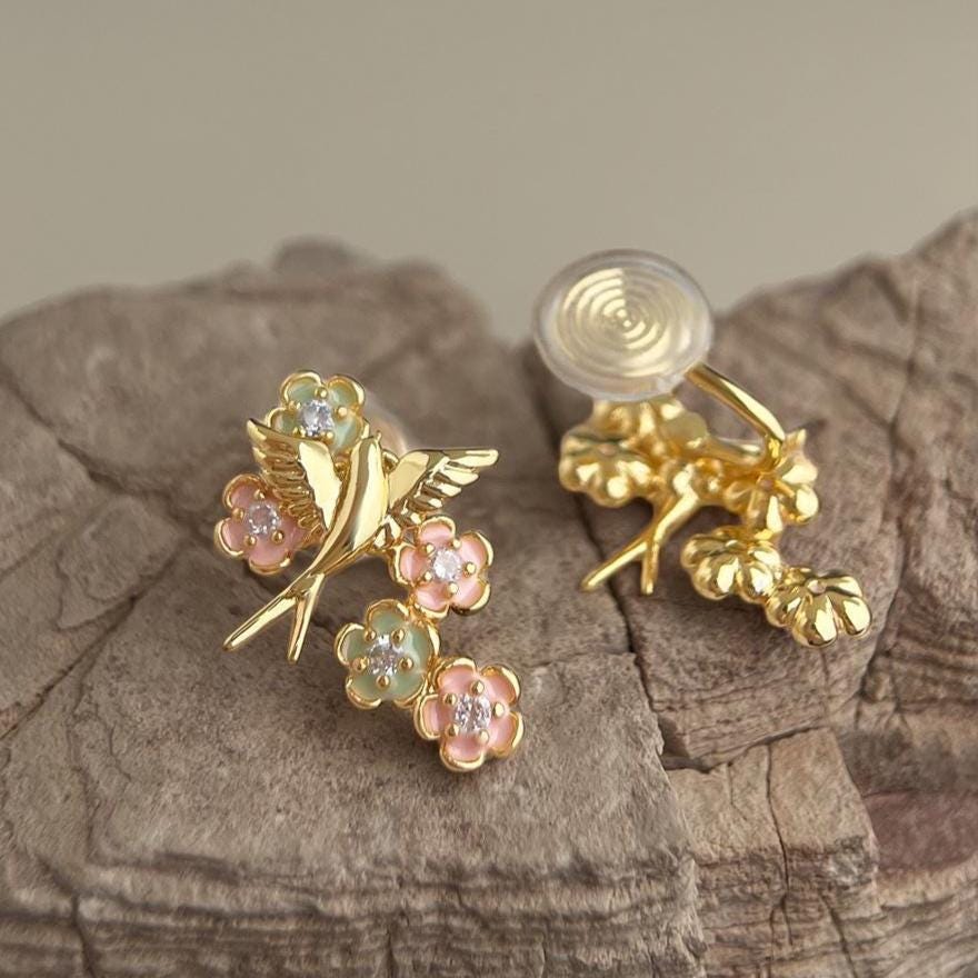 Gold Swallow Earrings – Enamel Cherry Blossom & Zircon Bird Earrings