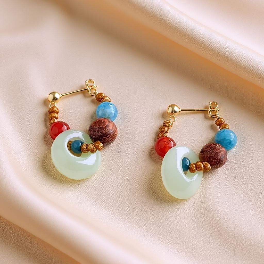 Pair of handmade aquamarine and red agate earrings on neutral background