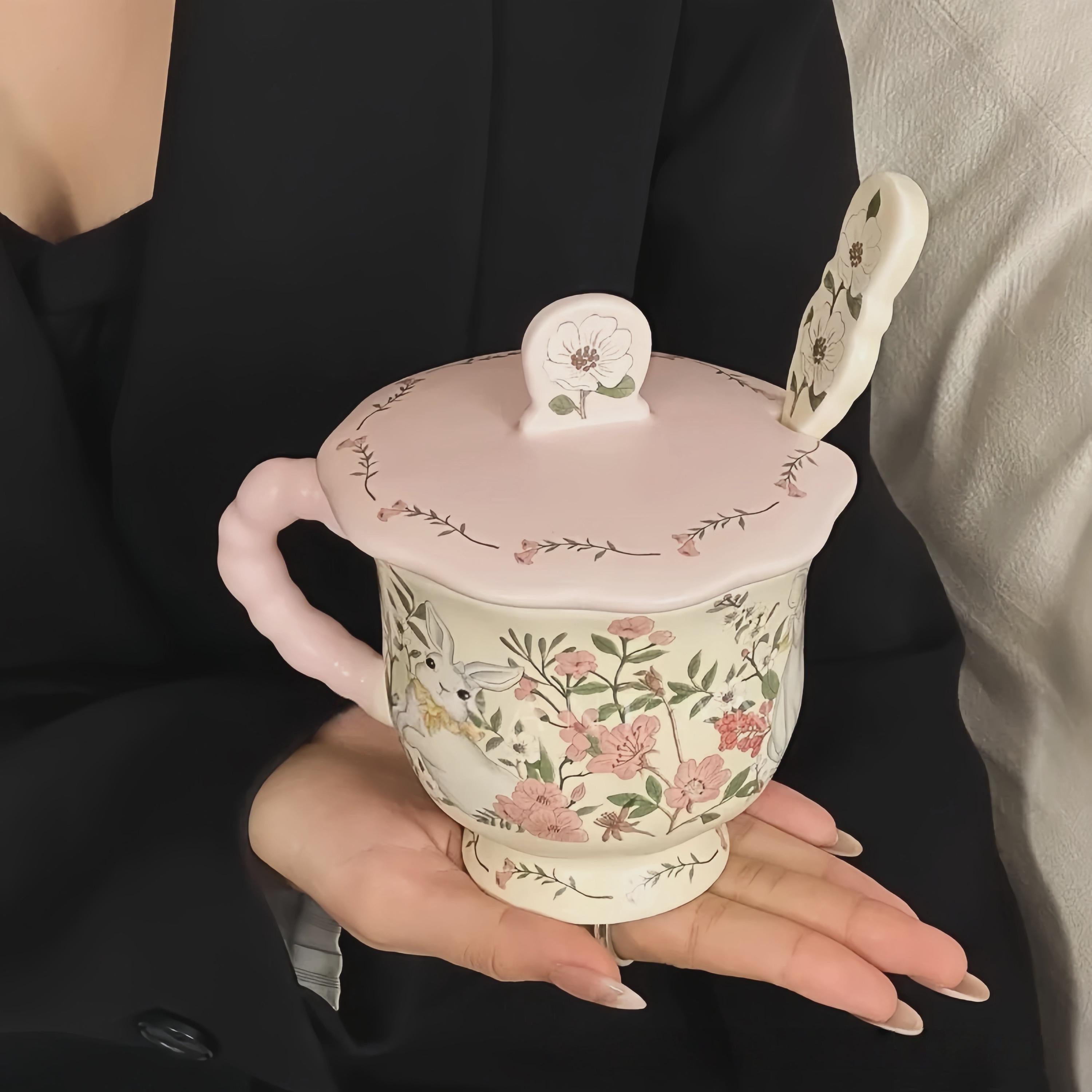 Cottagecore Bunny Mug Set | Hand-Painted Floral Ceramic Coffee Cup