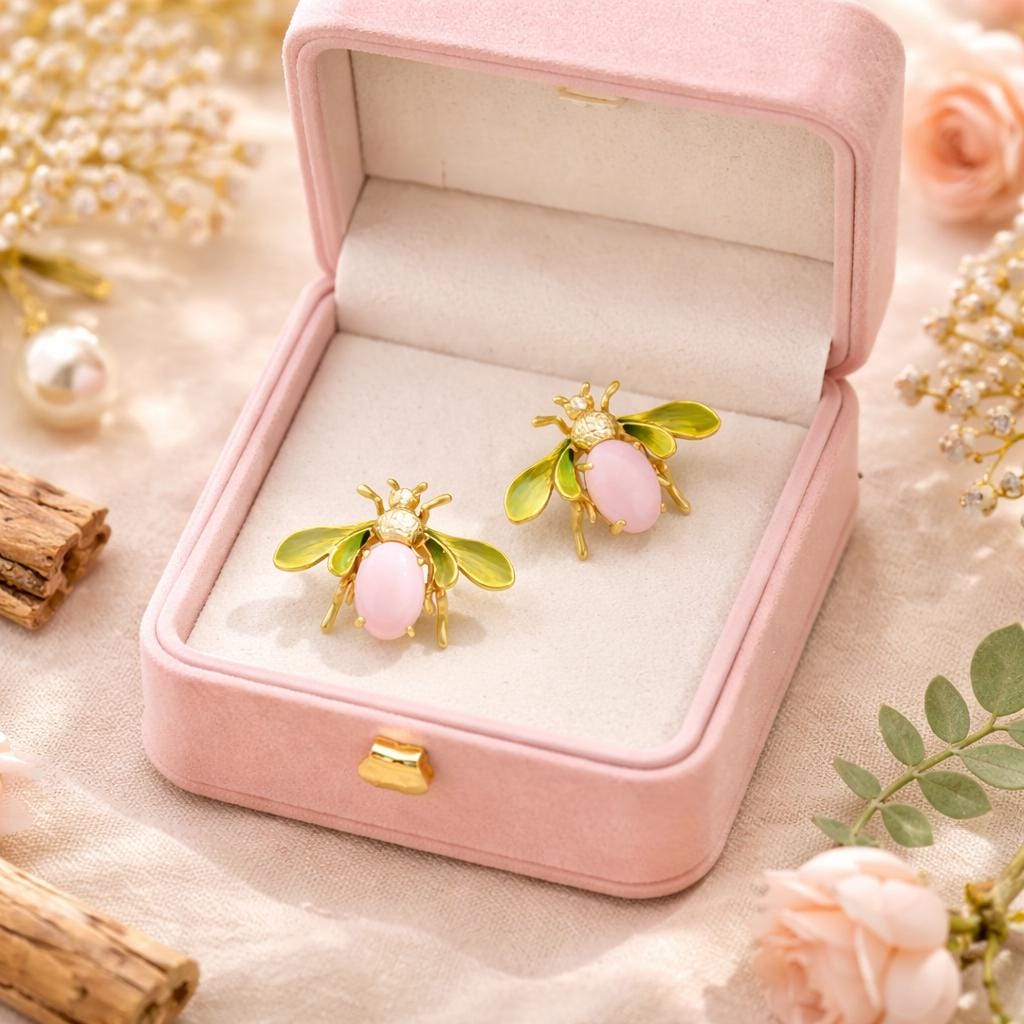 Vintage French Bee Enamel Earrings – Pink & Ivory Glass Statement Stud Earrings