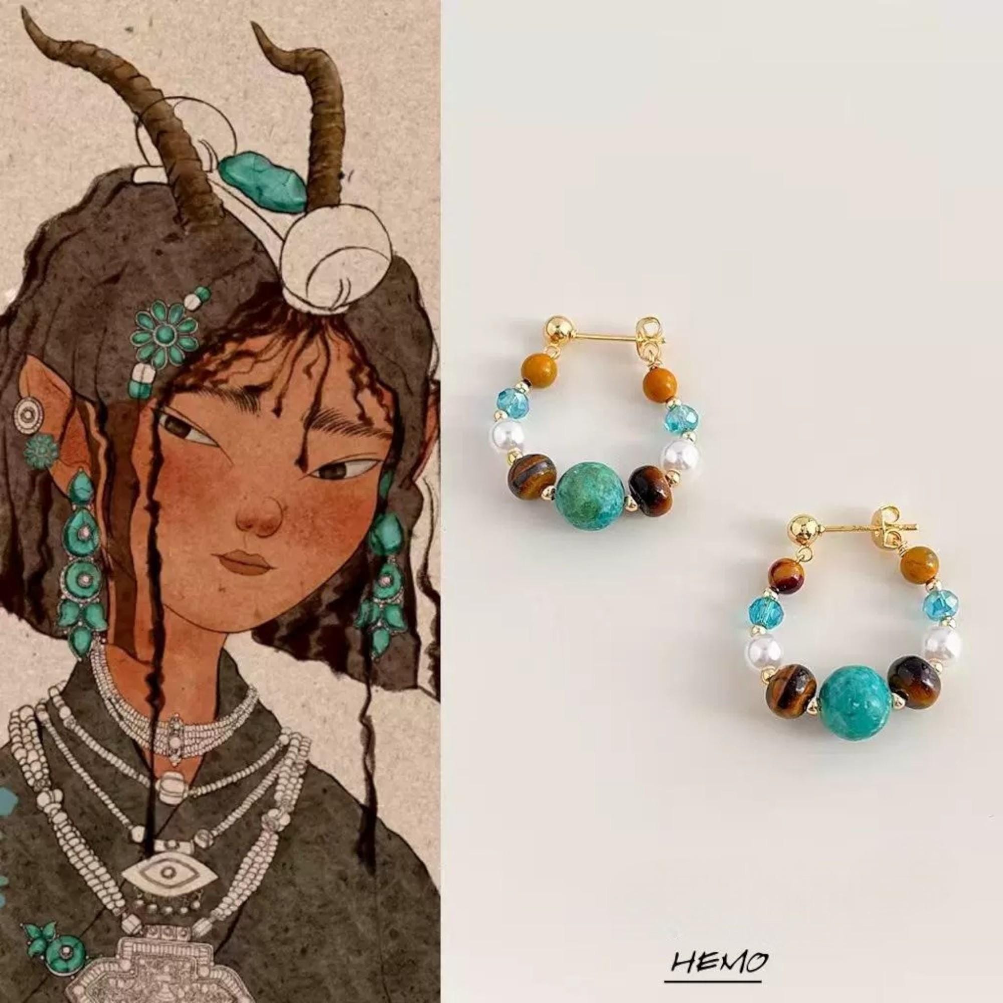 Aquamarine and red agate earrings inspired by Eastern art and Dunhuang aesthetics