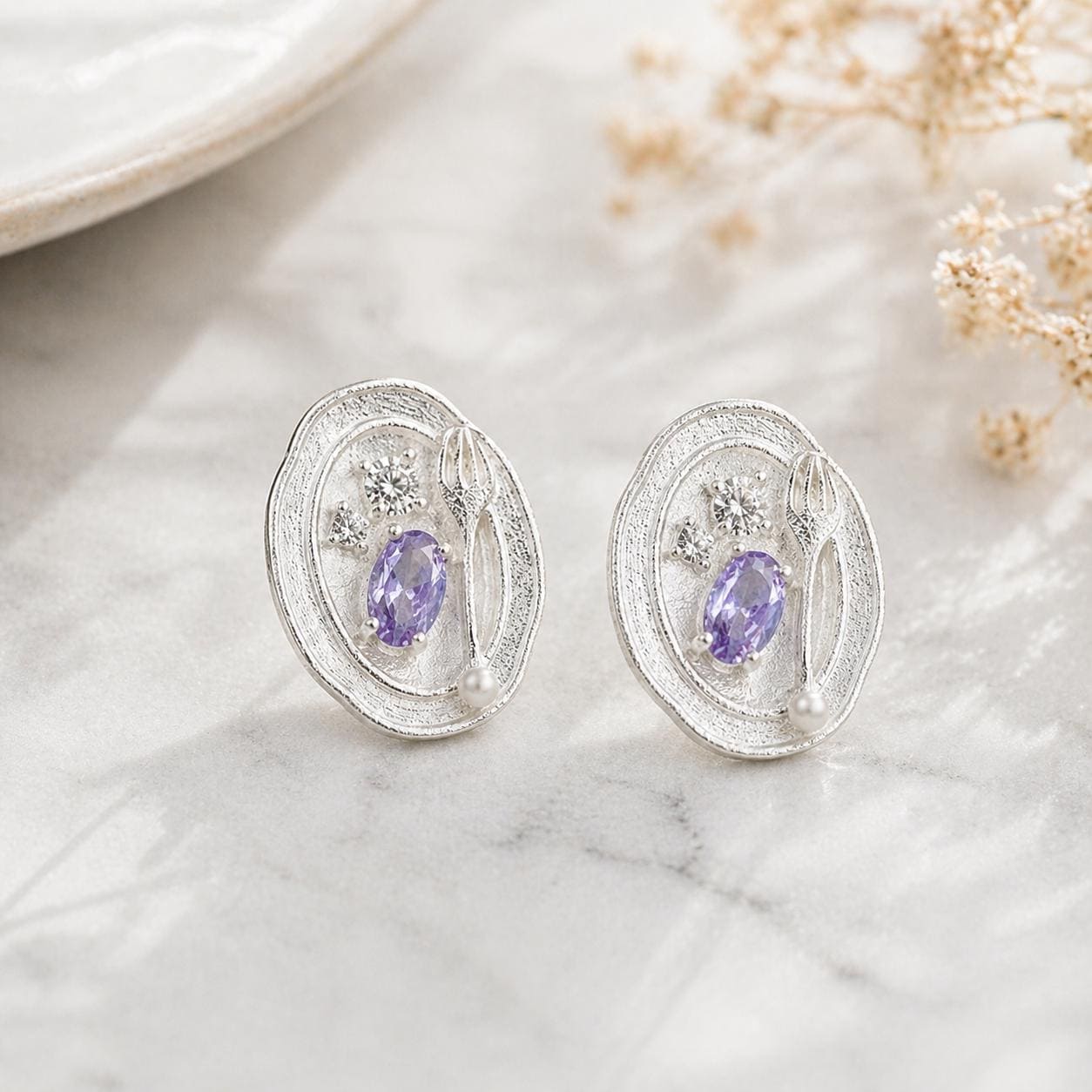 Silver Fork Earrings – Purple Gemstone & Pearl Utensil Stud Earrings