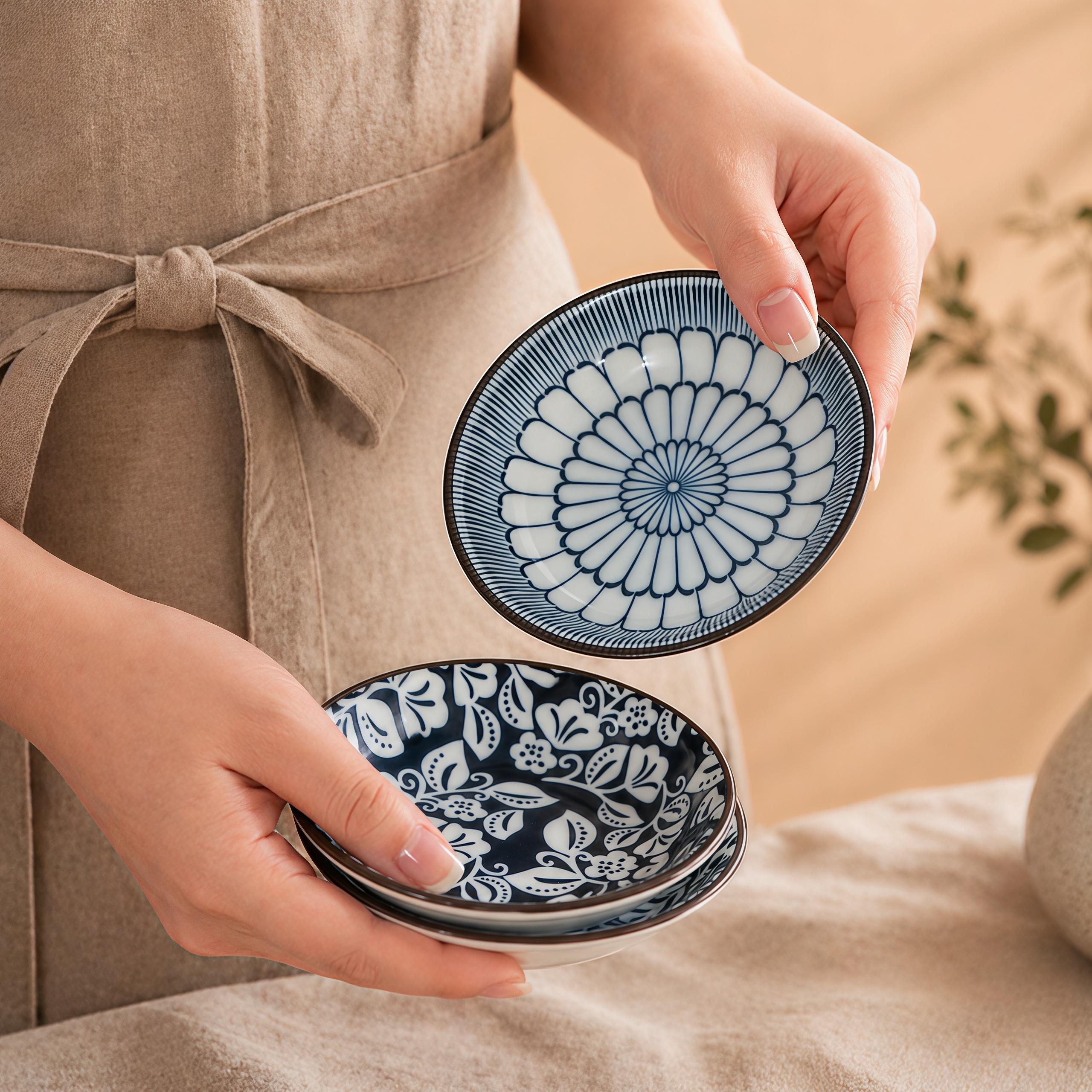 Blue & White Japanese Sauce Dishes Set of 6 | 4.1" Ceramic Dipping Bowl | Floral Pattern Dish