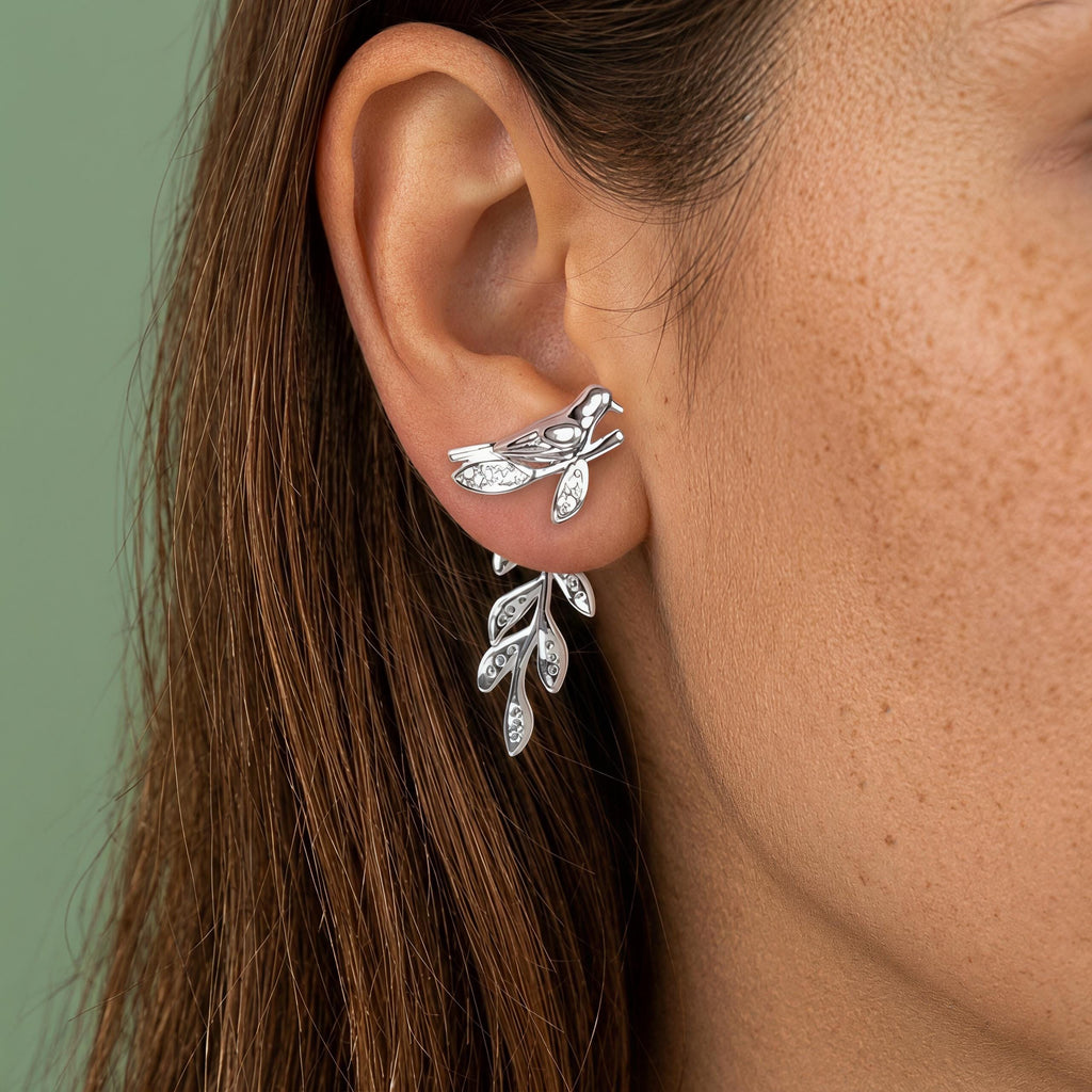 Silver Bird Branch Dangle Earrings – CZ Leaf Drop Earrings