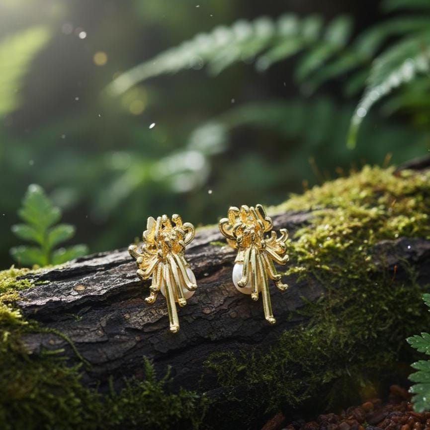 Gold Pearl Chrysanthemum Earrings – Art Nouveau Filigree Pearl Earrings