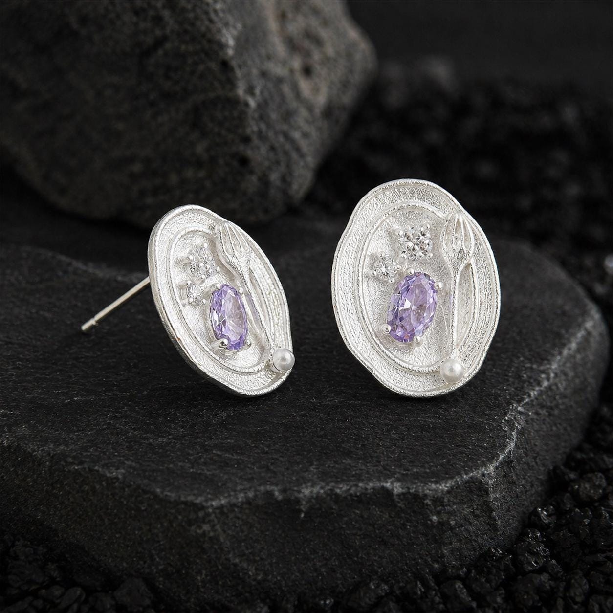 Silver Fork Earrings – Purple Gemstone & Pearl Utensil Stud Earrings