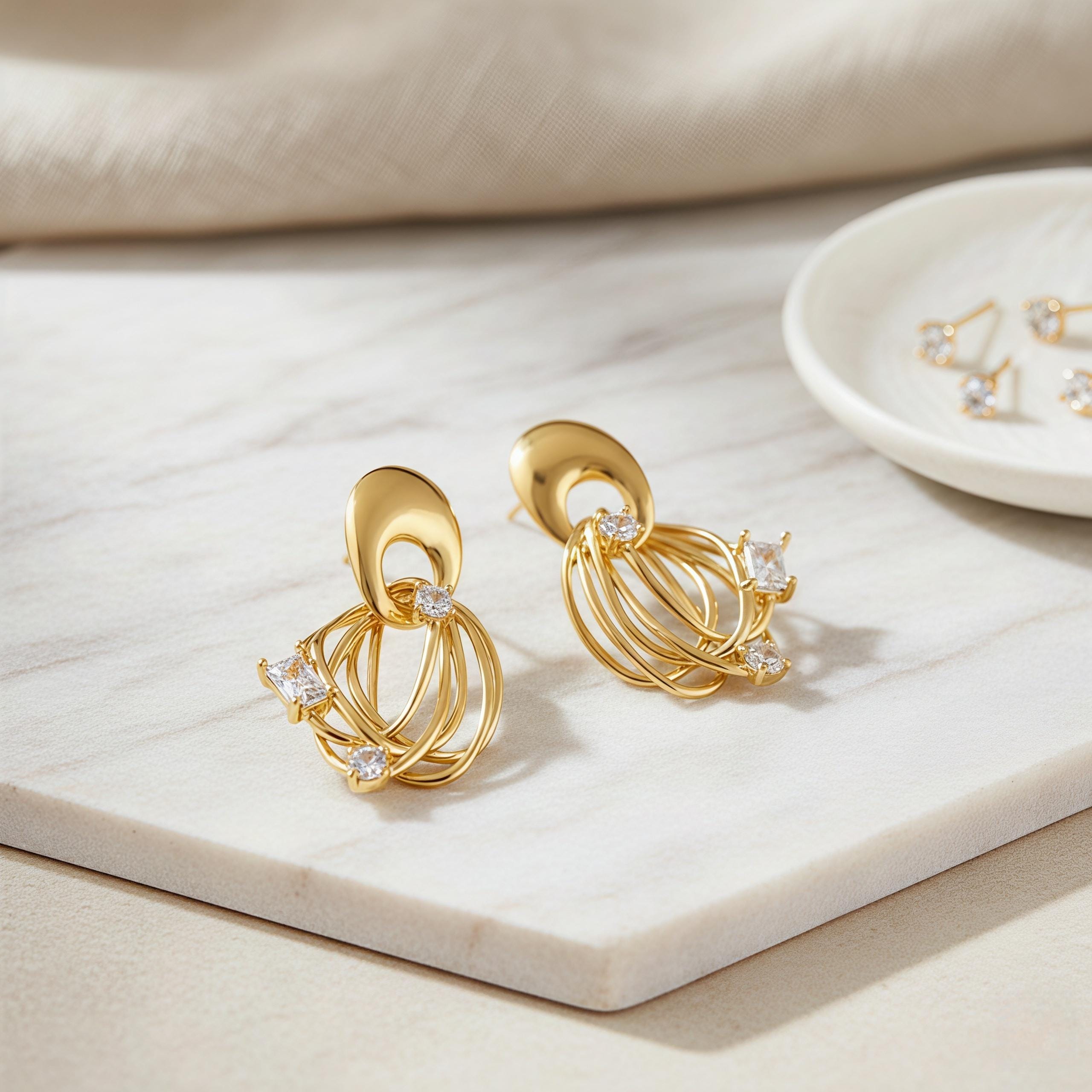 Abstract Geometric Orbital Stud Earrings – 18K Gold Plated Modern Art Earrings