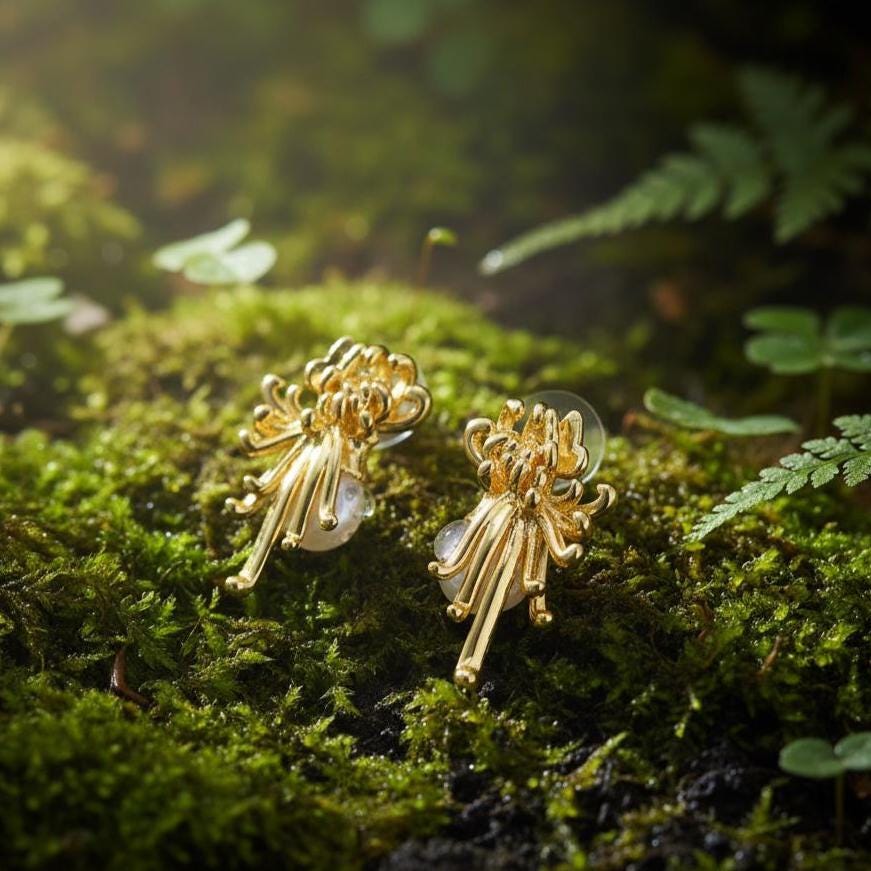 Gold Pearl Chrysanthemum Earrings – Art Nouveau Filigree Pearl Earrings
