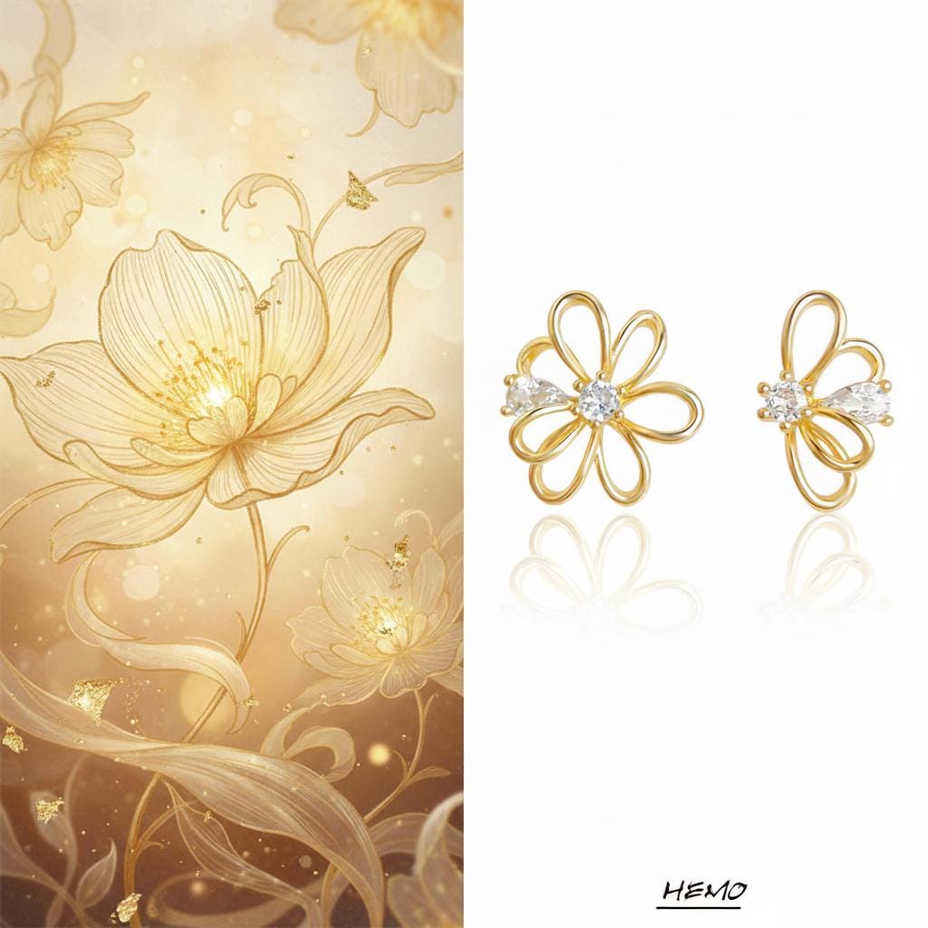 Petal Whisper Asymmetrical Flower Earrings – 18K Gold or Silver Plated with Zircon
