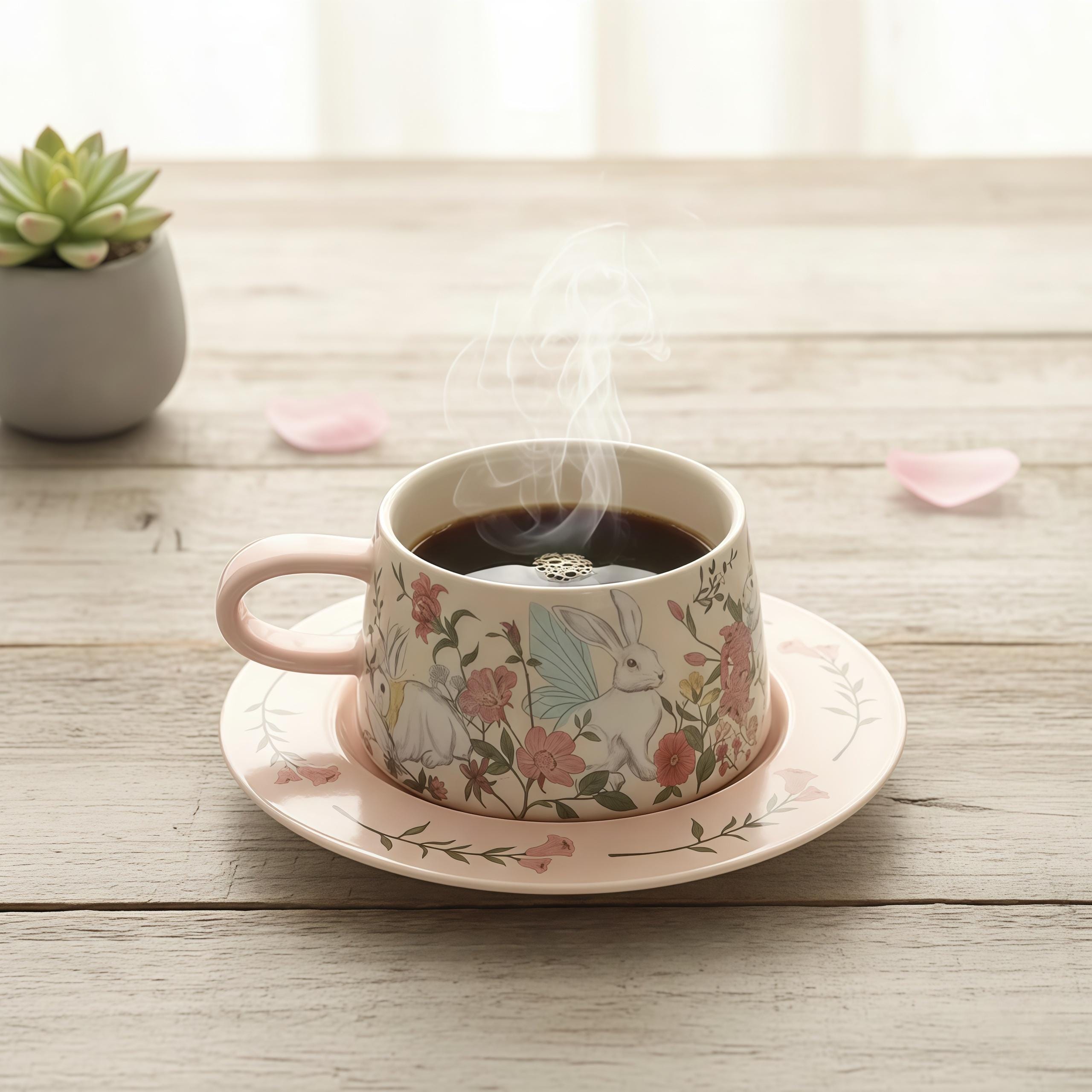 Vintage Rabbit Cup & Saucer Set | Cottagecore Floral Ceramic Coffee Cup