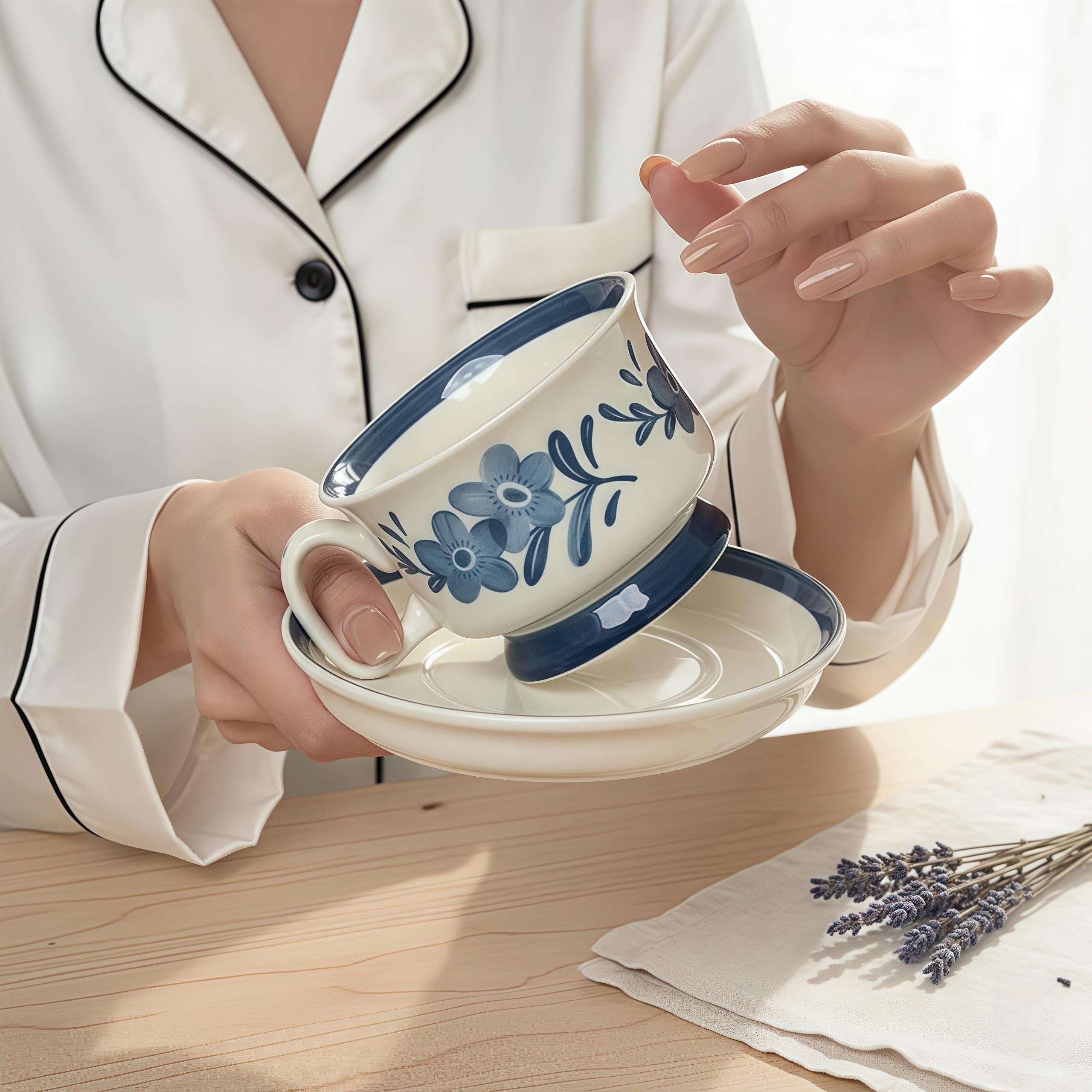 Blue Floral Ceramic Mug with Matching Coaster | Hand-Painted Folk Flower Cup Set