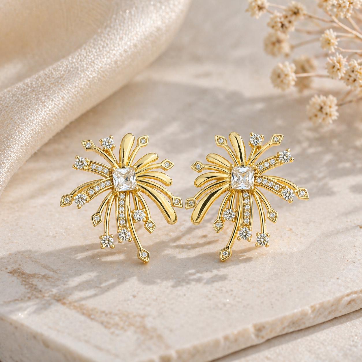 Gold Firework Stud Earrings – CZ Geometric Spark Burst Statement Earrings