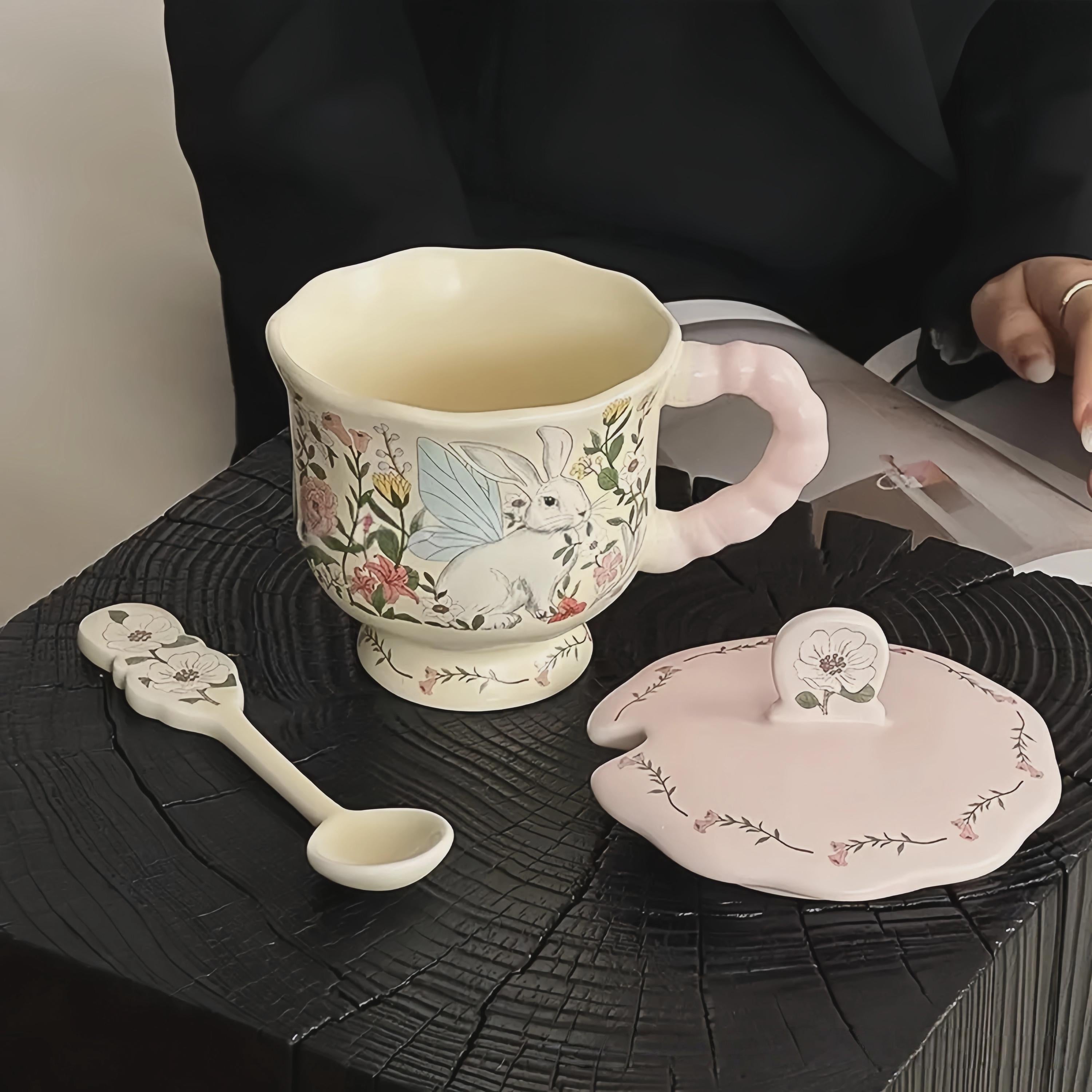 Cottagecore Bunny Mug Set | Hand-Painted Floral Ceramic Coffee Cup