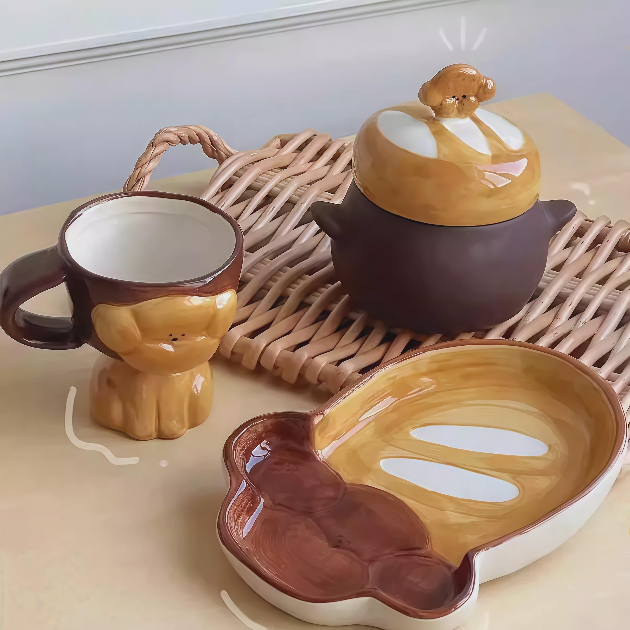 Hand-Painted Puppy Ceramic Dinnerware: Dog Lover, Housewarming Mug & Plate