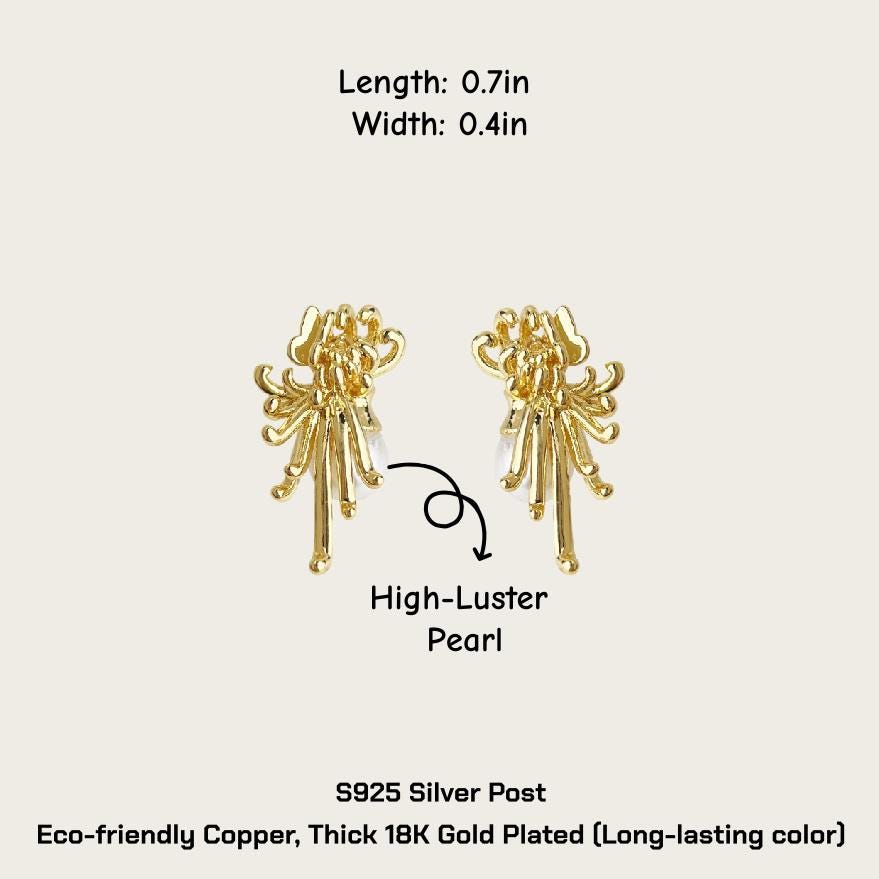 Gold Pearl Chrysanthemum Earrings – Art Nouveau Filigree Pearl Earrings