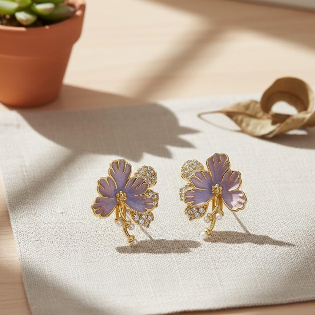 Hand-Enameled Lilac Earrings – Floral Pearl Drop Earrings