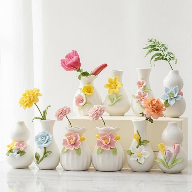 Handmade Floral Ceramic Bud Vase | Mini 3D Flower Pottery