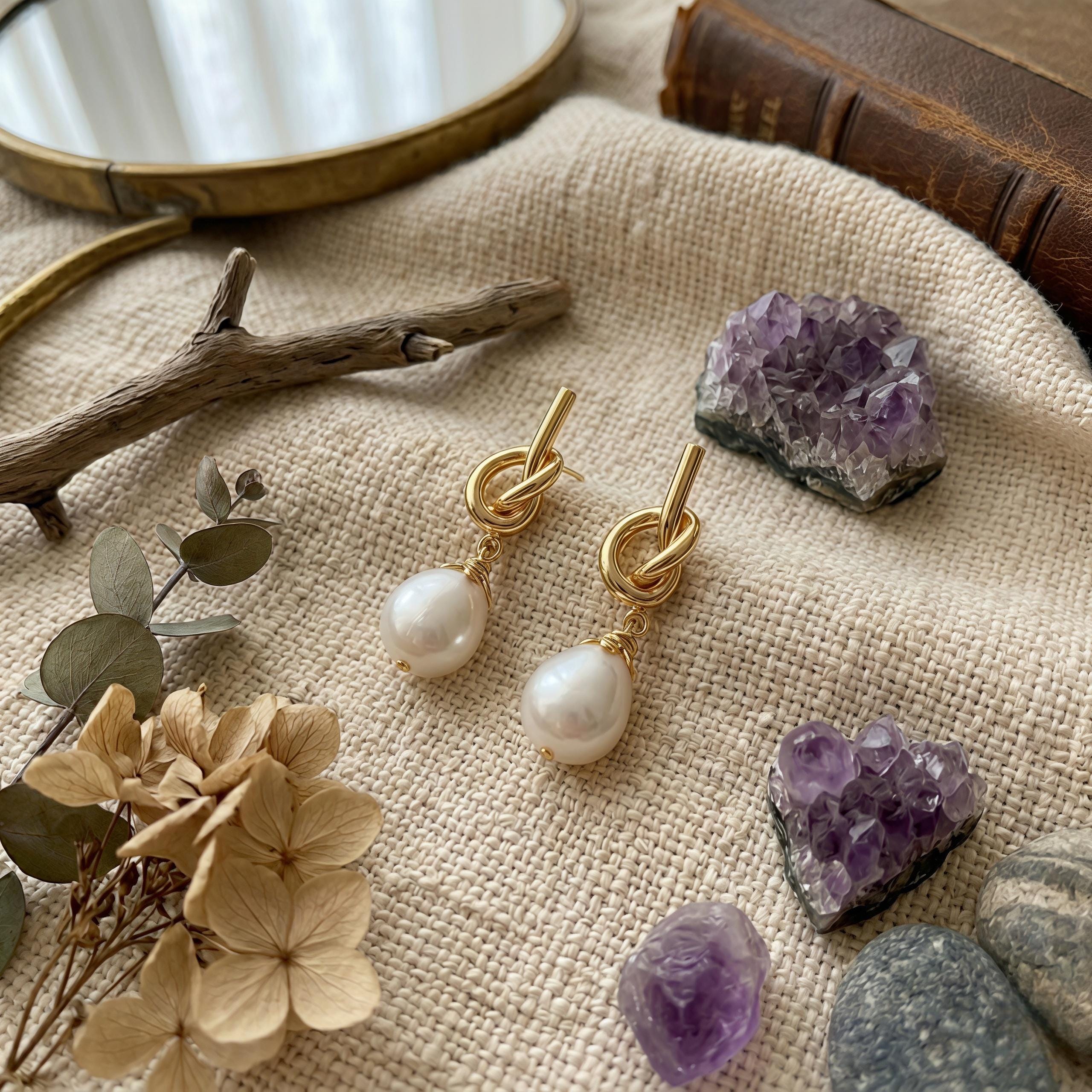 Minimalist Pearl Drop Earrings – Gold Knot Studs with Freshwater Pearl