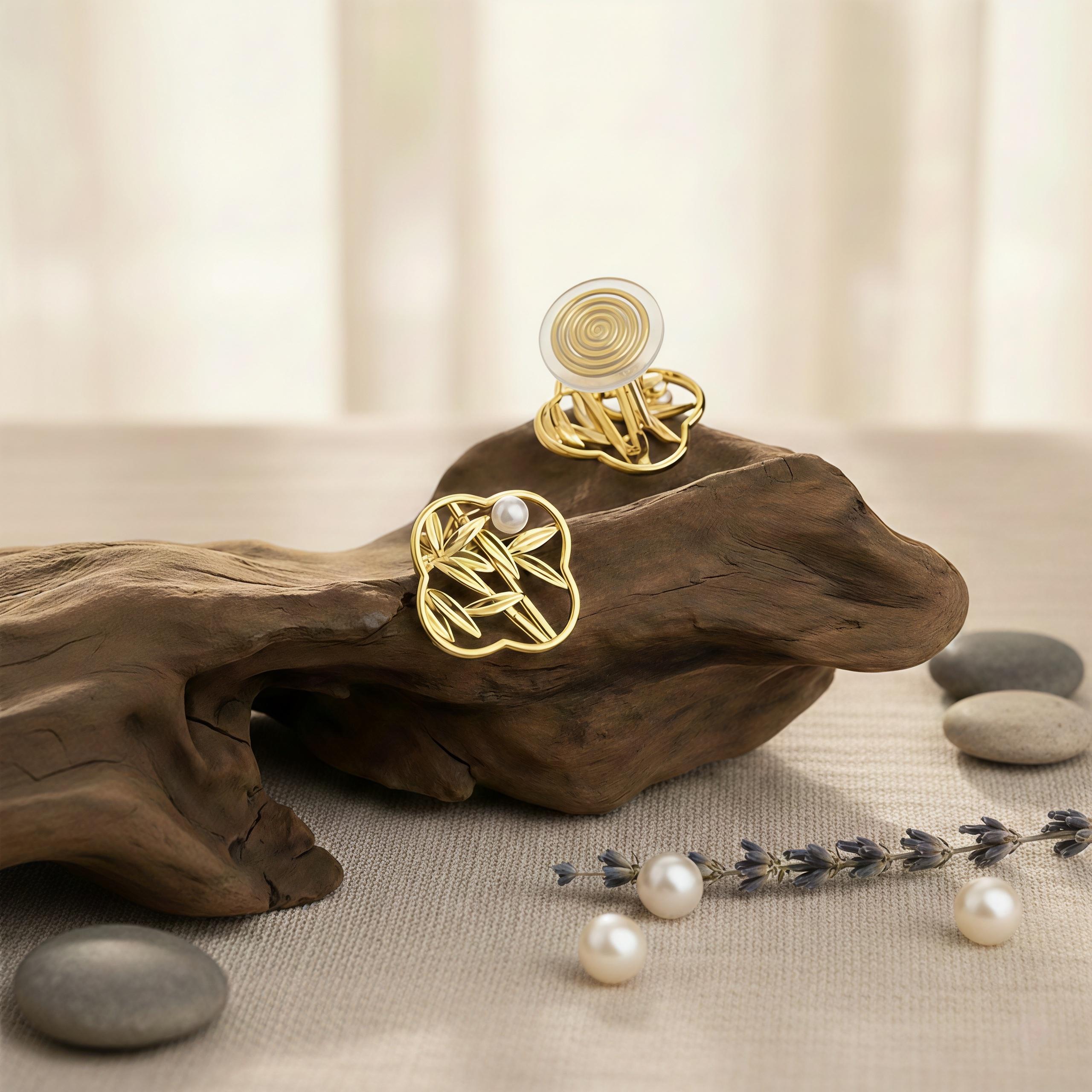 Oriental Bamboo Leaf Earrings – 18K Gold Plated Pearl Stud Earrings