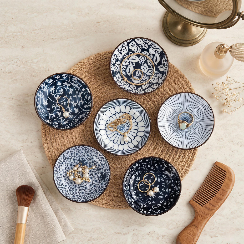 Blue & White Japanese Sauce Dishes Set of 6 | 4.1" Ceramic Dipping Bowl | Floral Pattern Dish