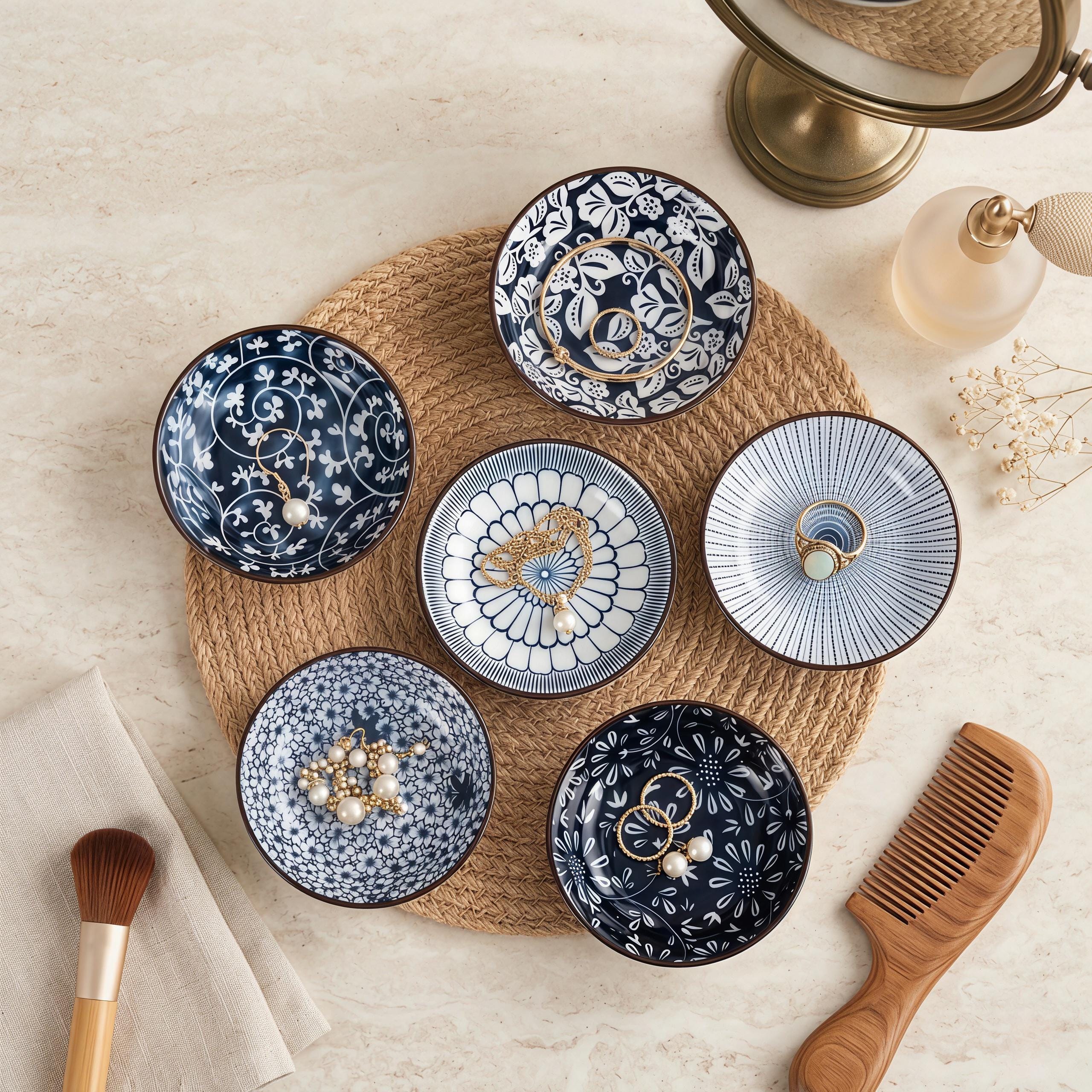 Blue & White Japanese Sauce Dishes Set of 6 | 4.1" Ceramic Dipping Bowl | Floral Pattern Dish